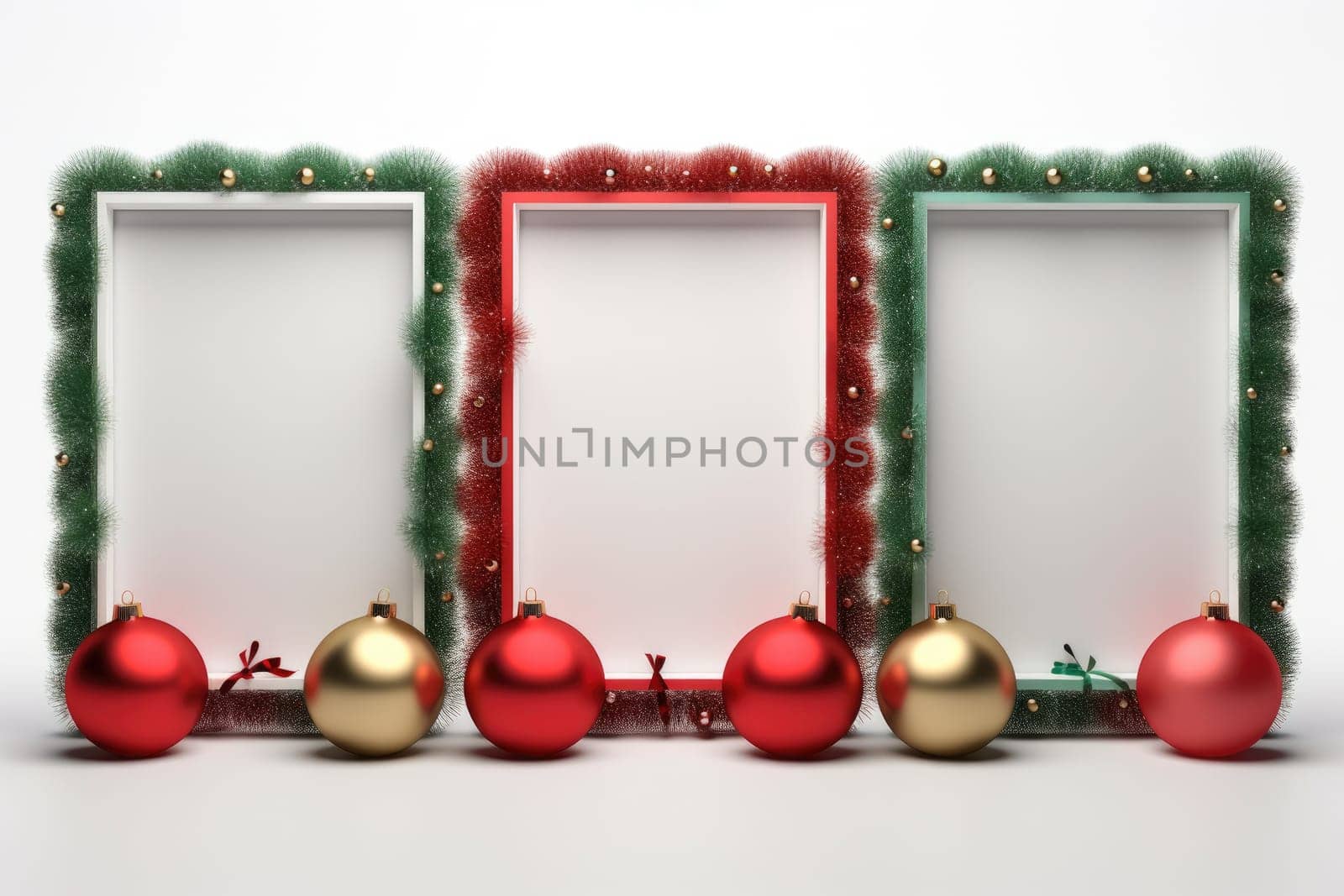 Mockup Empty Frame and Christmas baubles decoration. Generative AI.
