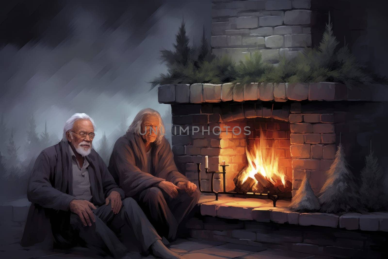 A heartwarming depiction of the winter season's charm, with individuals captured indoors, basking by a crackling fire, indulging in hot cocoa, or cocooned in soft blankets.