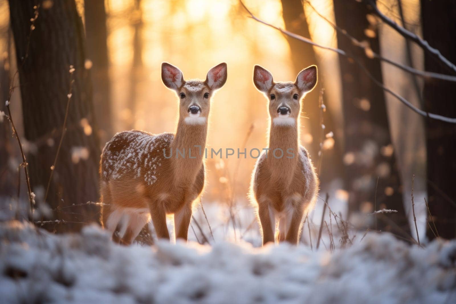 An enchanting winter tableau, showcasing the grace and resilience of wildlife, including deer, birds, and squirrels, in their natural habitats during the frosty season.