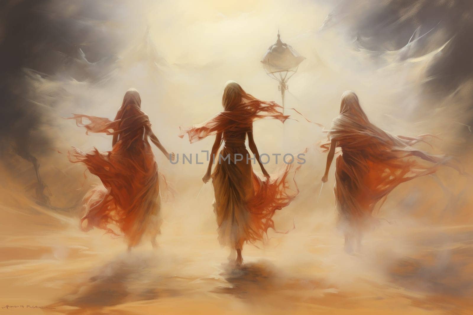 Immerse yourself in the realm of fantasy and behold the awe-inspiring sight of whirling sandstorm djinns.