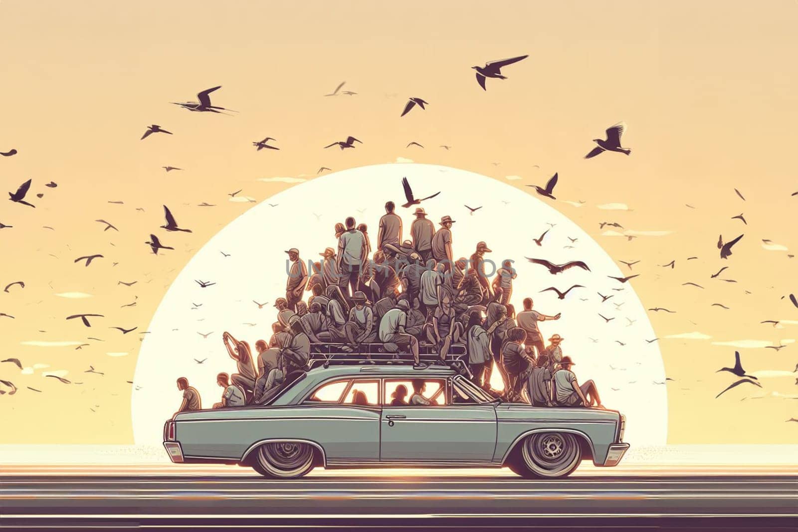 Huge Stack of luggage on crowded car roof , migration wave concept, steampunk retro illustration by verbano