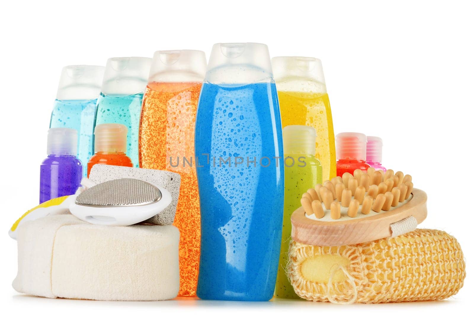 Composition with plastic bottles of body care and beauty products