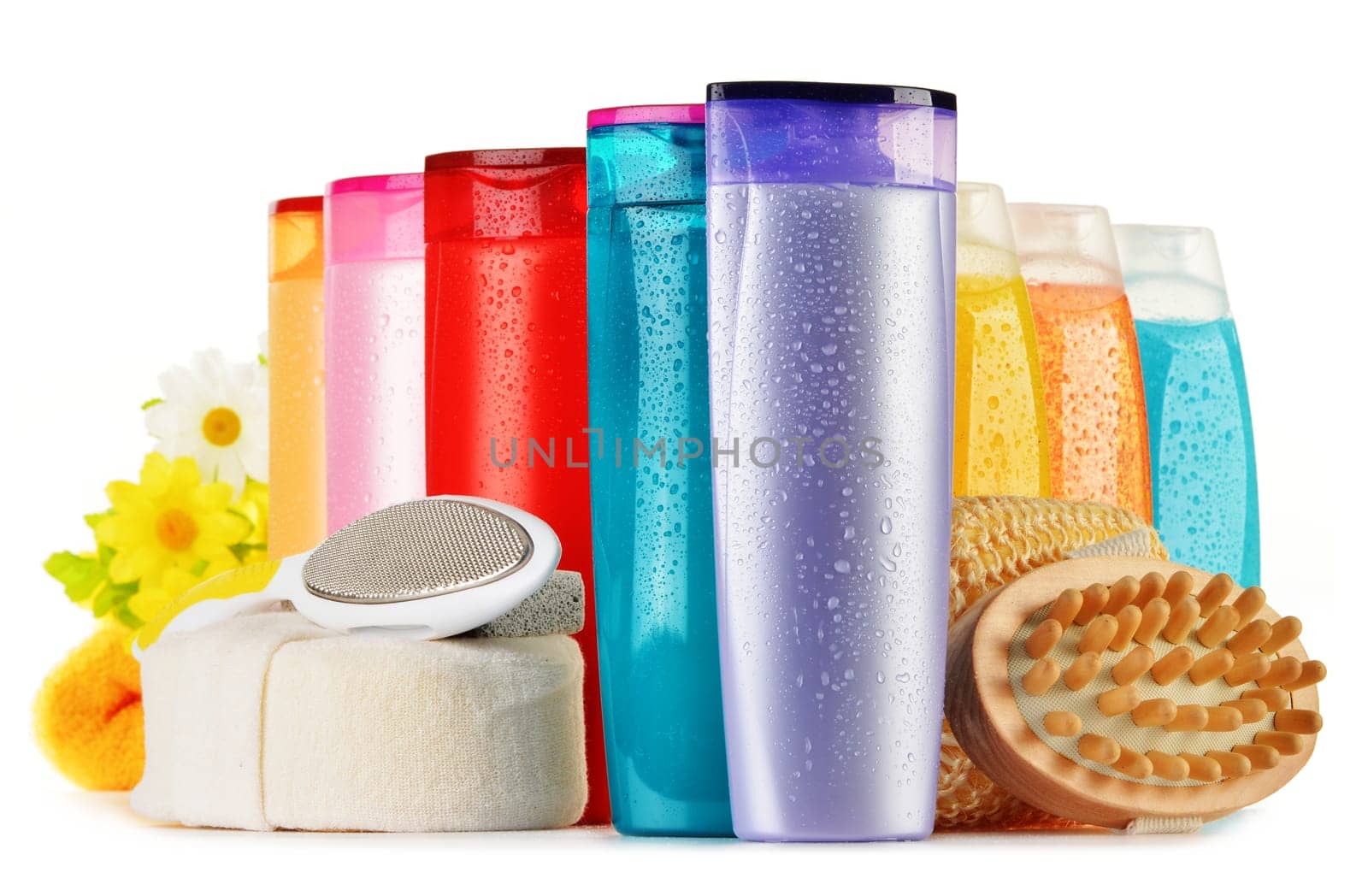 Composition with plastic bottles of body care and beauty products