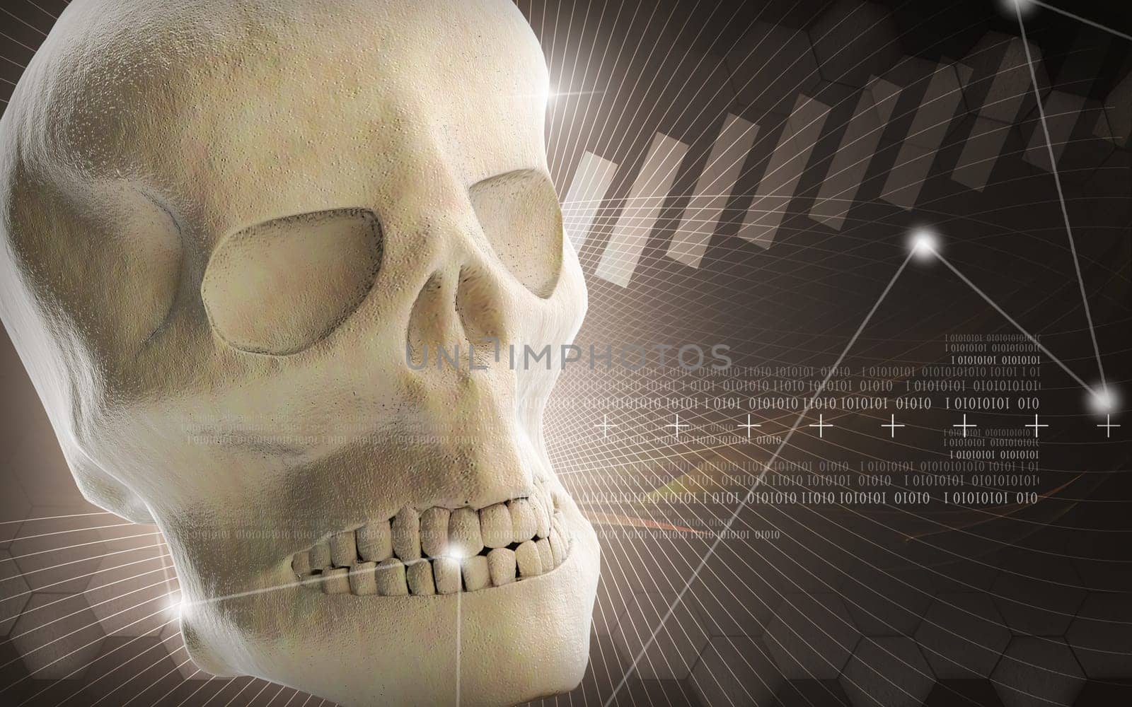 Digital illustration of Human skull in colour background