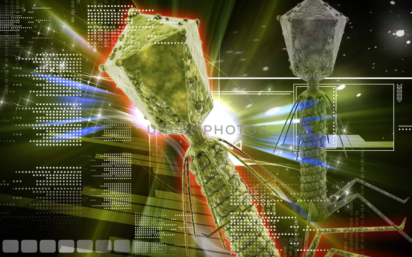 Digital illustration of Bacteria phage in colour background