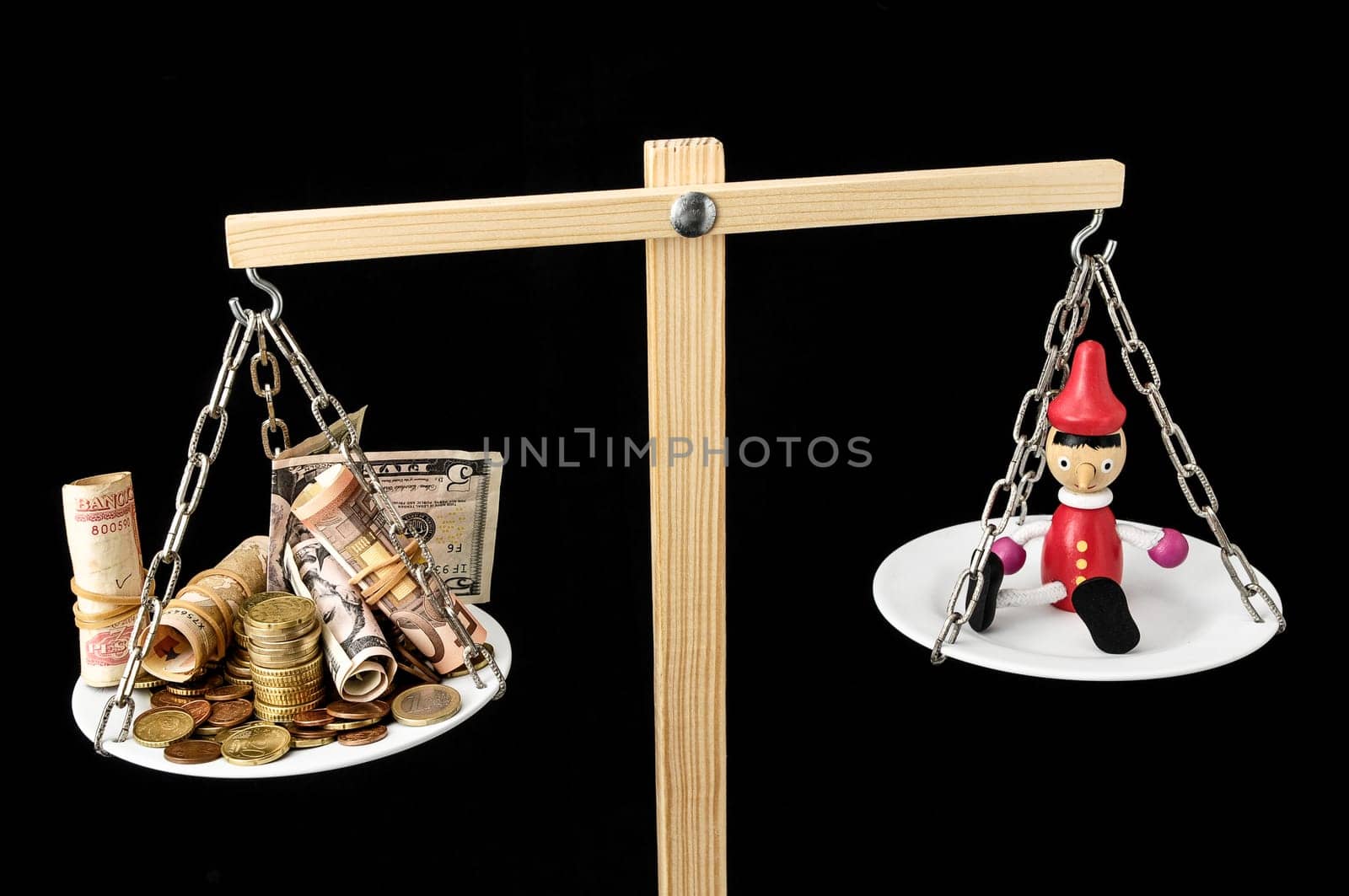 Liar Concept Pinocchio and Money on a Two Pan Balance