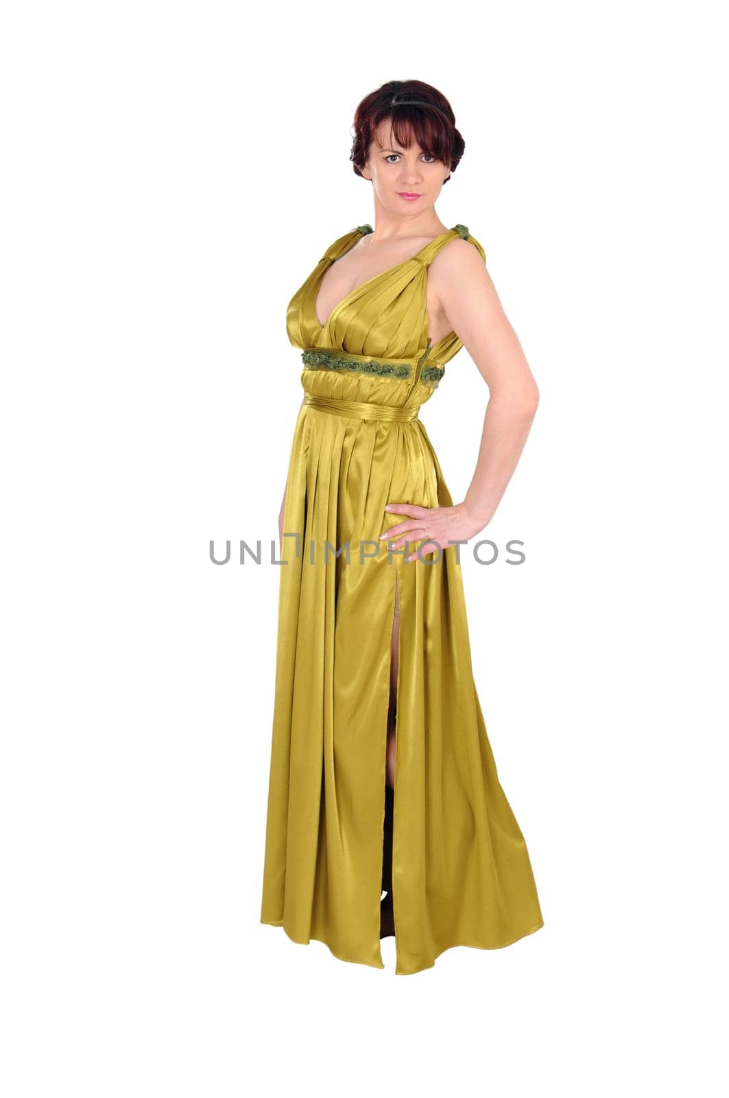 a nice woman in greek dress  isolated on the white background