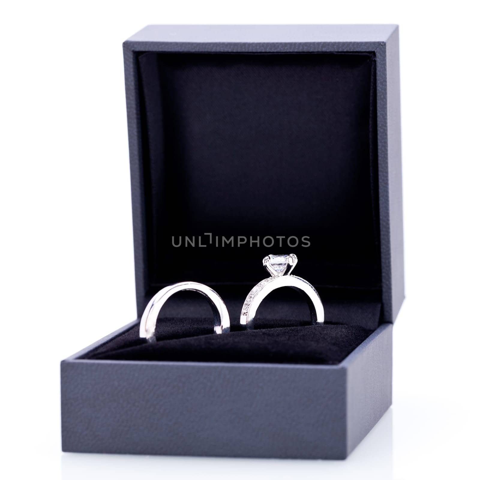 Beautiful modern elegant silver jewelry ring in a noble jewelry box box detail macro