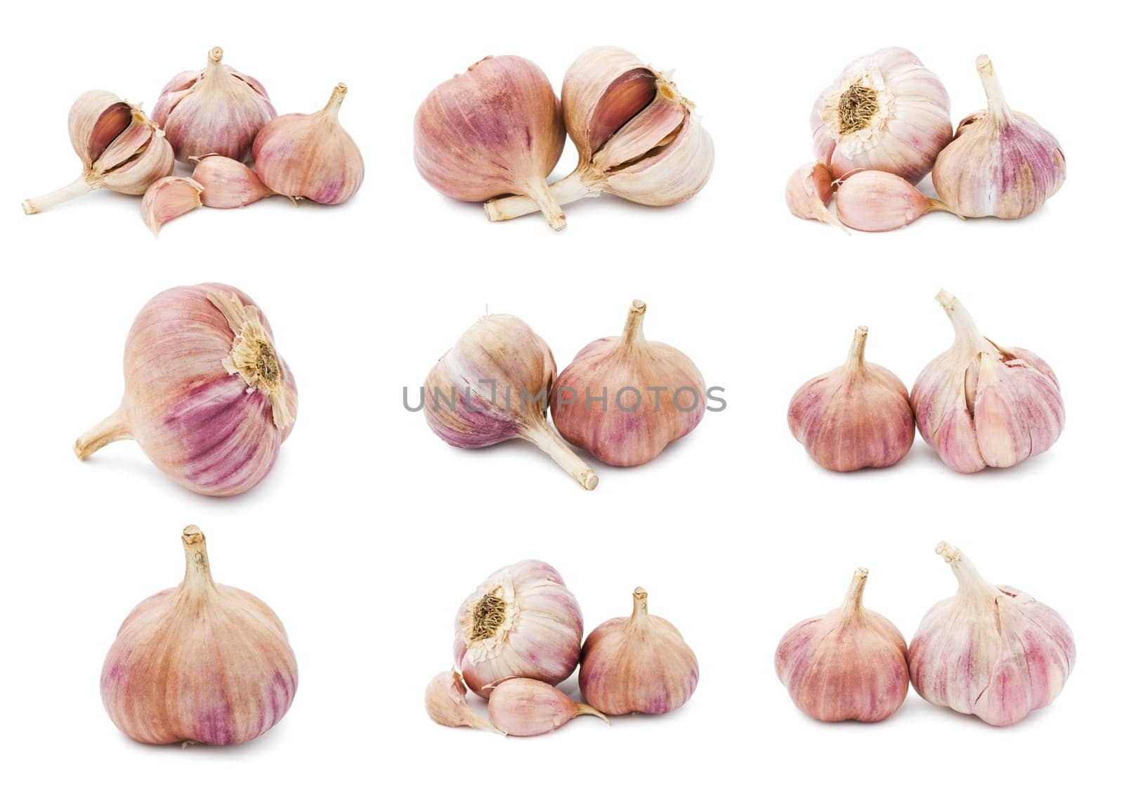 Collection of fresh young garlic isolated on white background