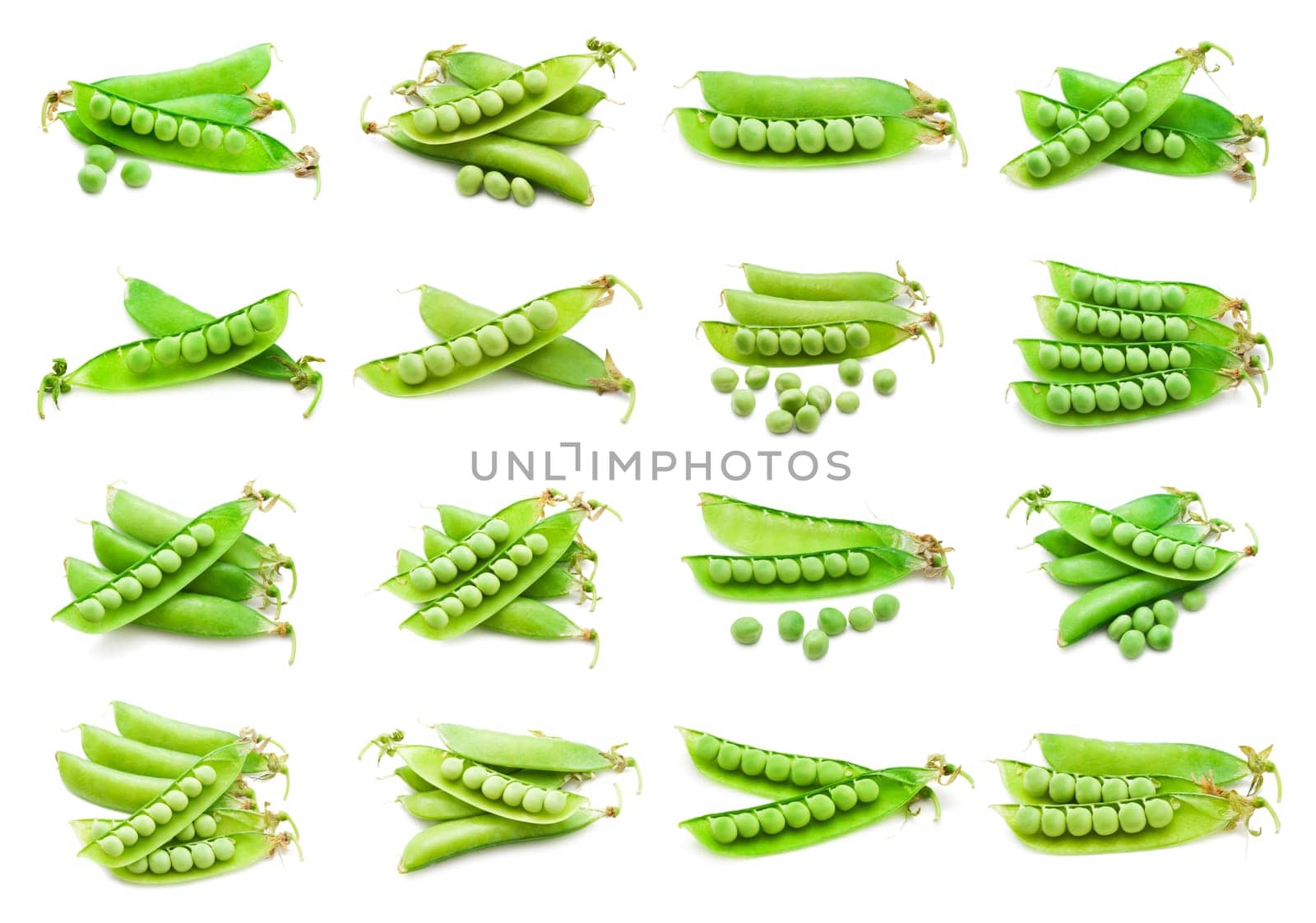 Collection of fresh green peas isolated on white background