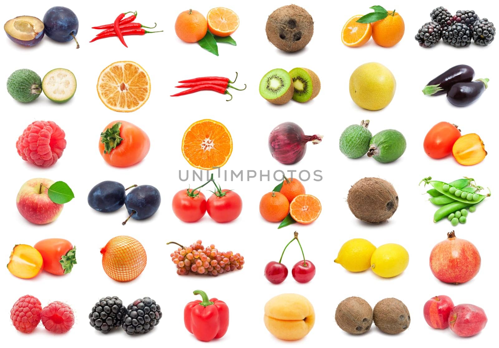 Collection of various fruits and vegetables isolated on white background