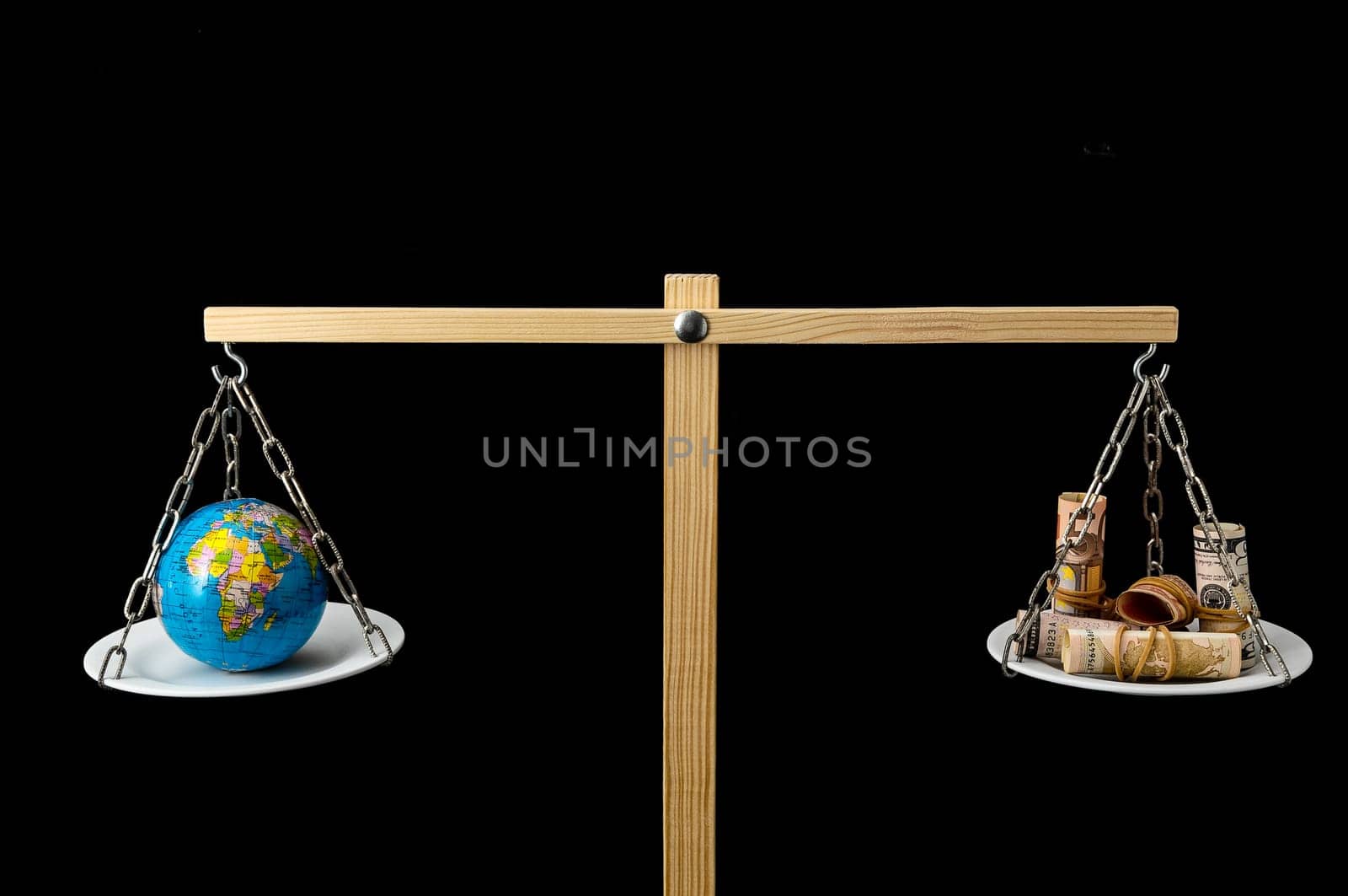 Globe Planet Earth and Money on a Two Pan Balance