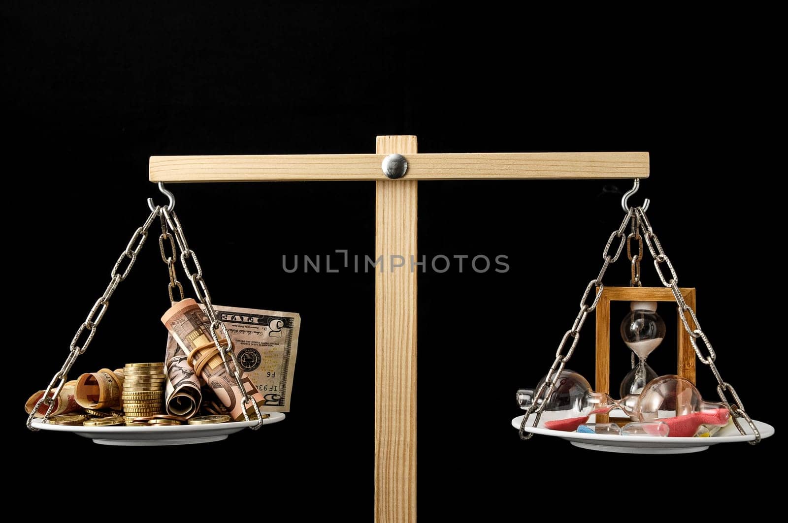 Time is Money Concept Clock and Currency on a Two Pan Balance