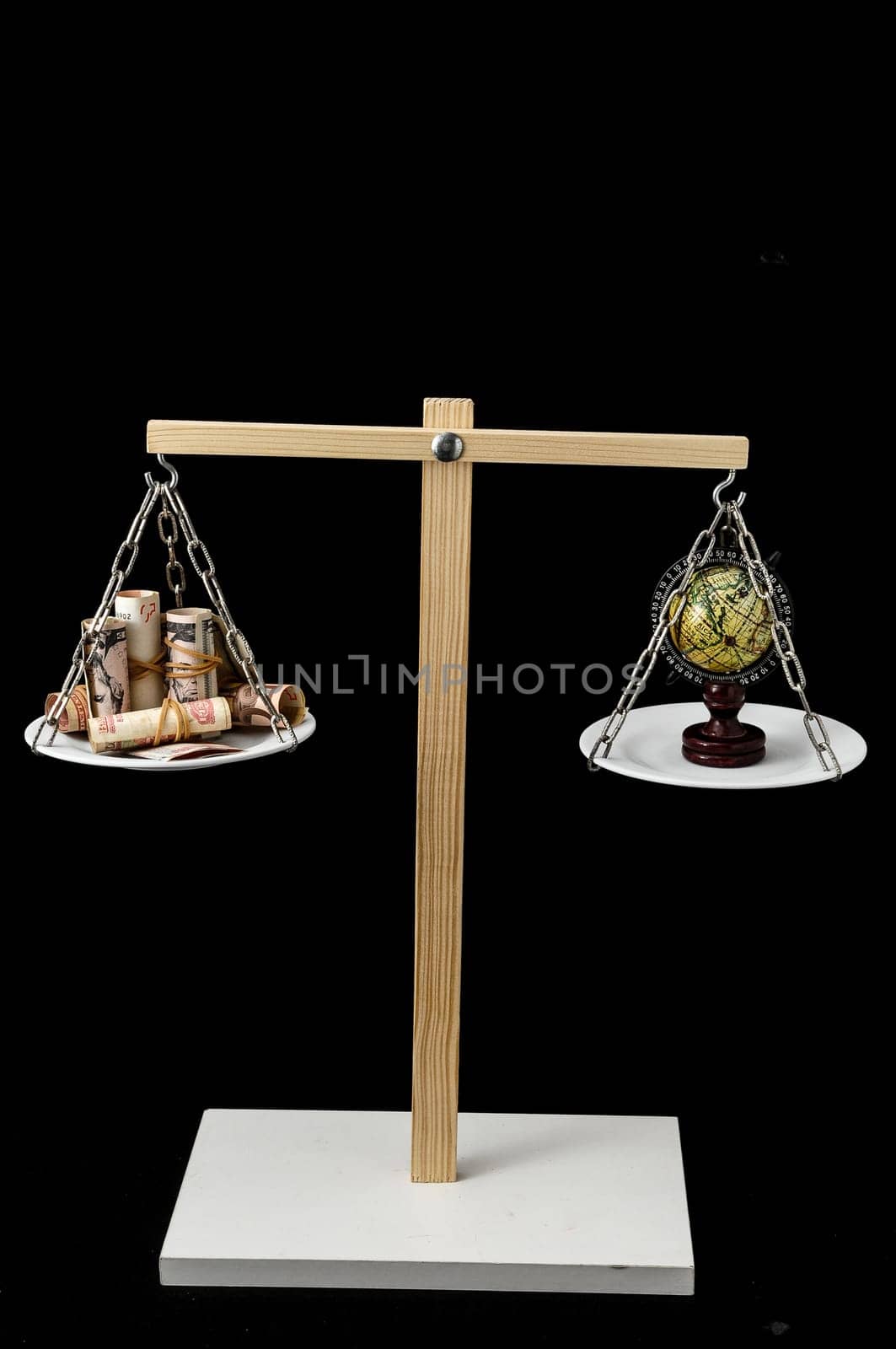 Globe Planet Earth and Money on a Two Pan Balance