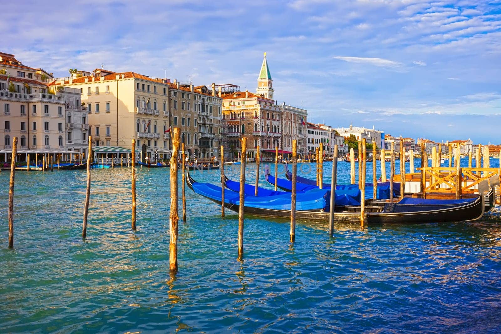 Beautiful view of Famous Venetian gondolas in Venice, Italy