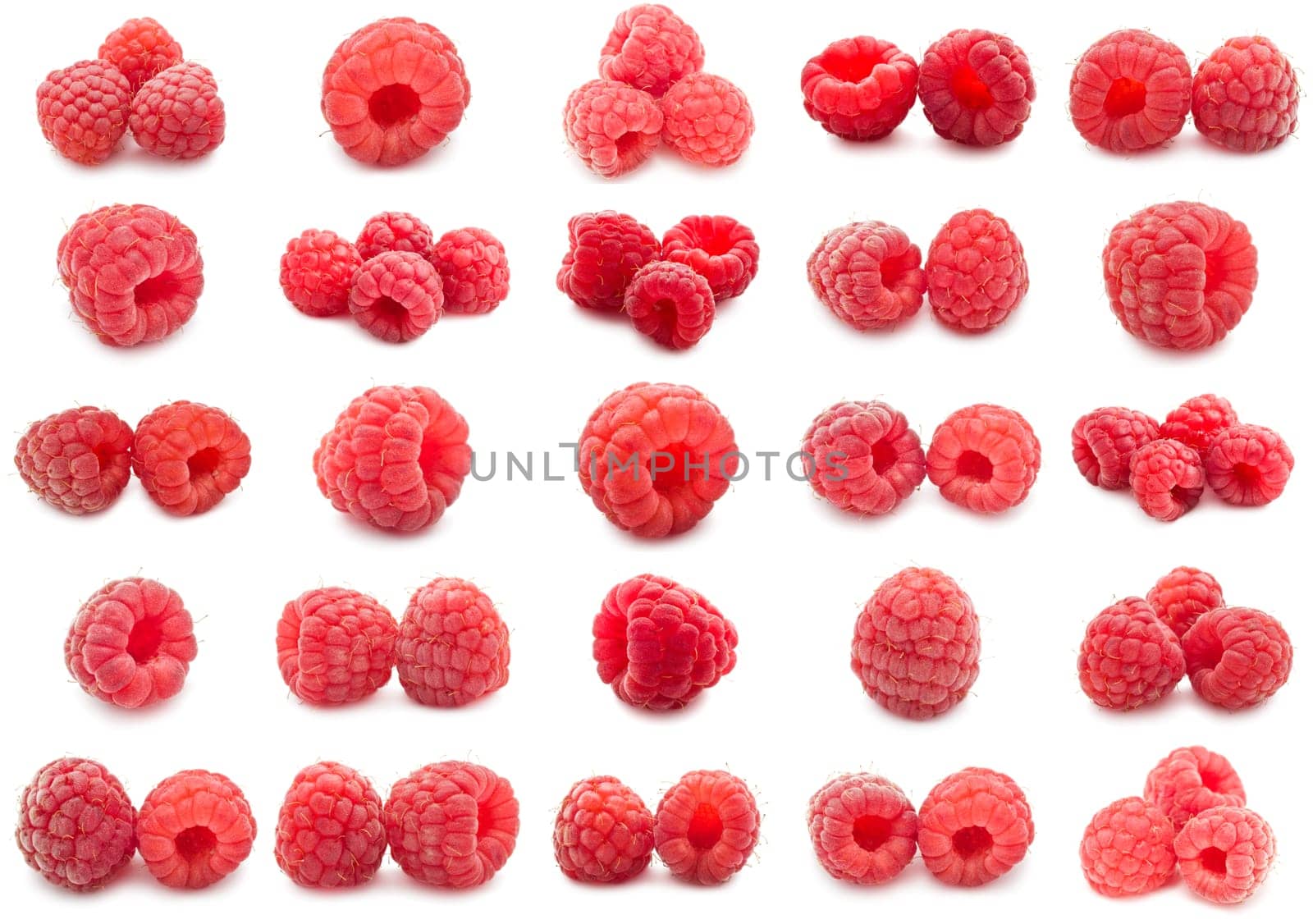 Collection of ripe red raspberries isolated on white background