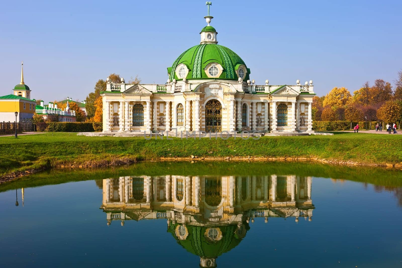Grotto pavilion with beautiful reflection in park Kuskovo, Moscow, Russia