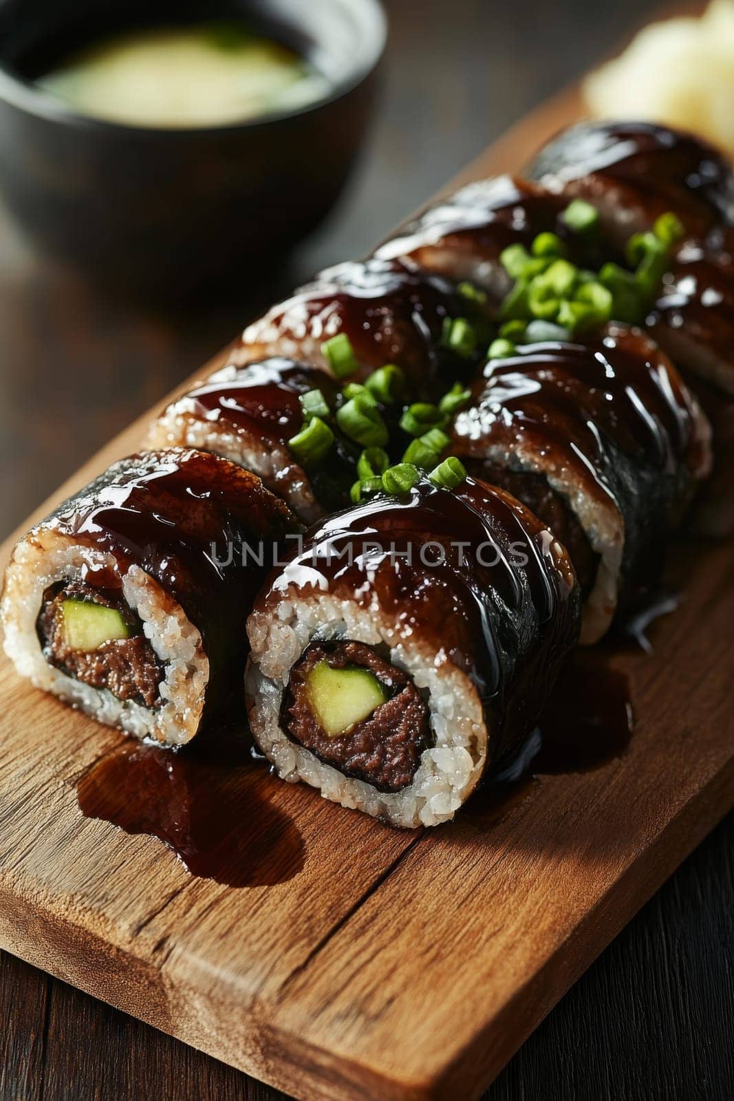 Fresh sushi rolls with ginger falling on a wooden plate, Generative AI, food