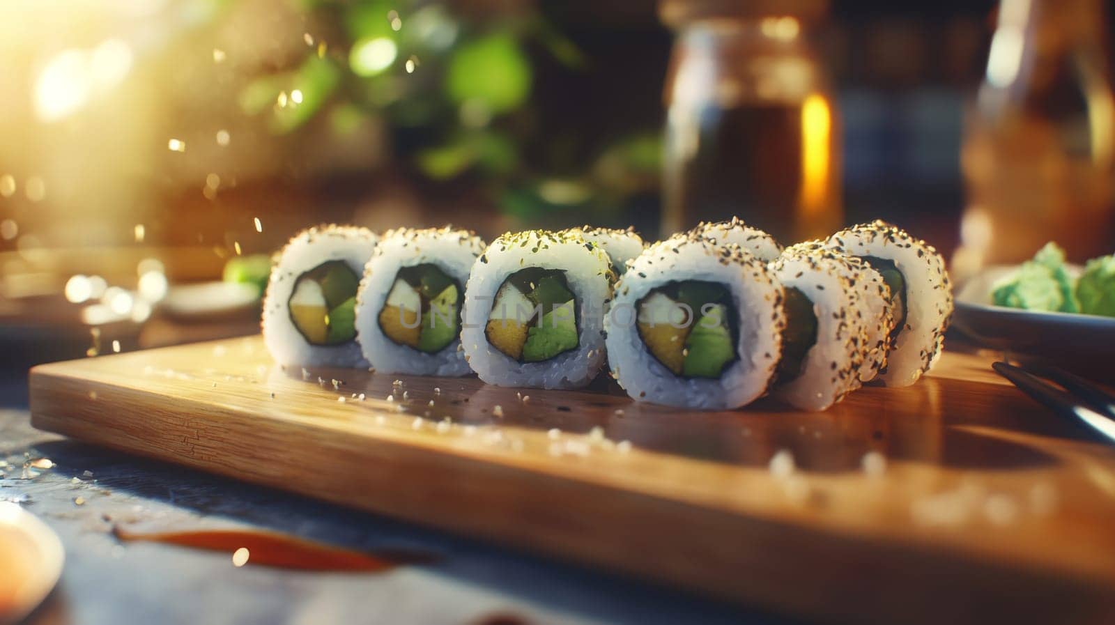 Fresh sushi rolls with ginger falling on a wooden plate, Generative AI, food