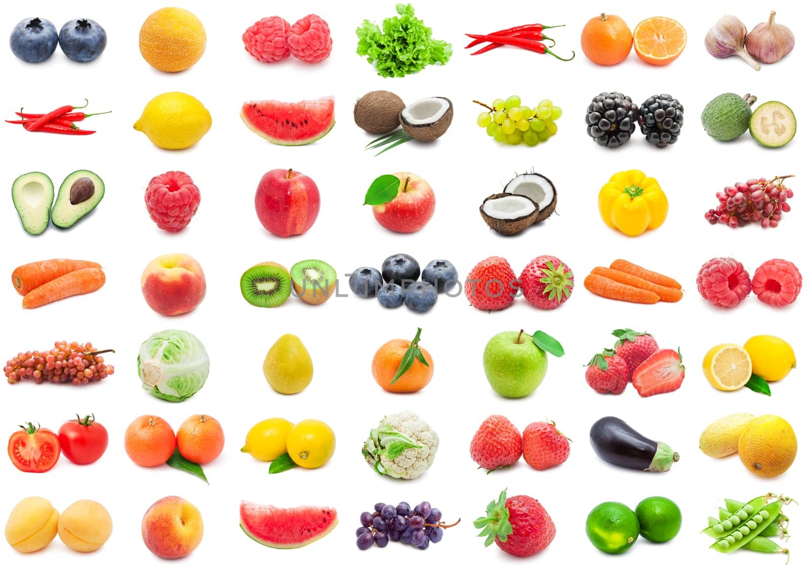 Set of various fruits and vegetables isolated on white background