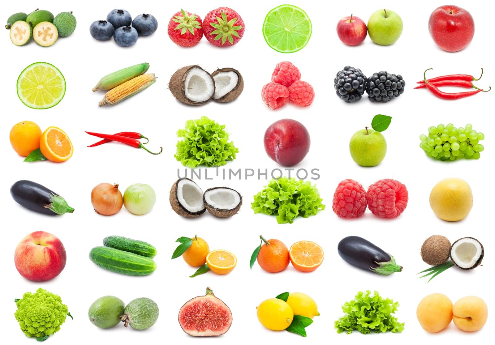 Collection of various fruits and vegetables isolated on white background