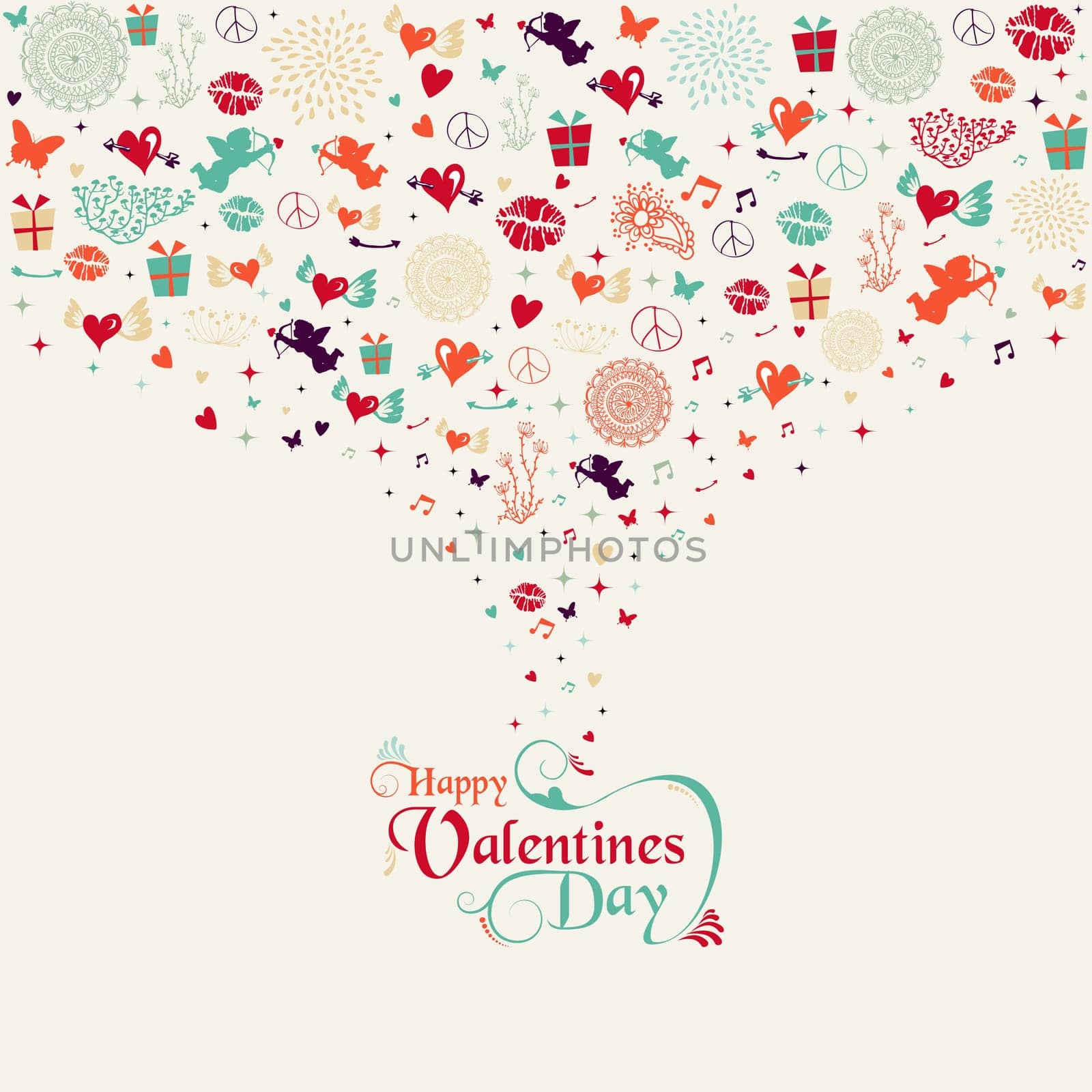 Colorful Valentines day elements greeting card illustration. EPS10 vector file organized in layers for easy editing.