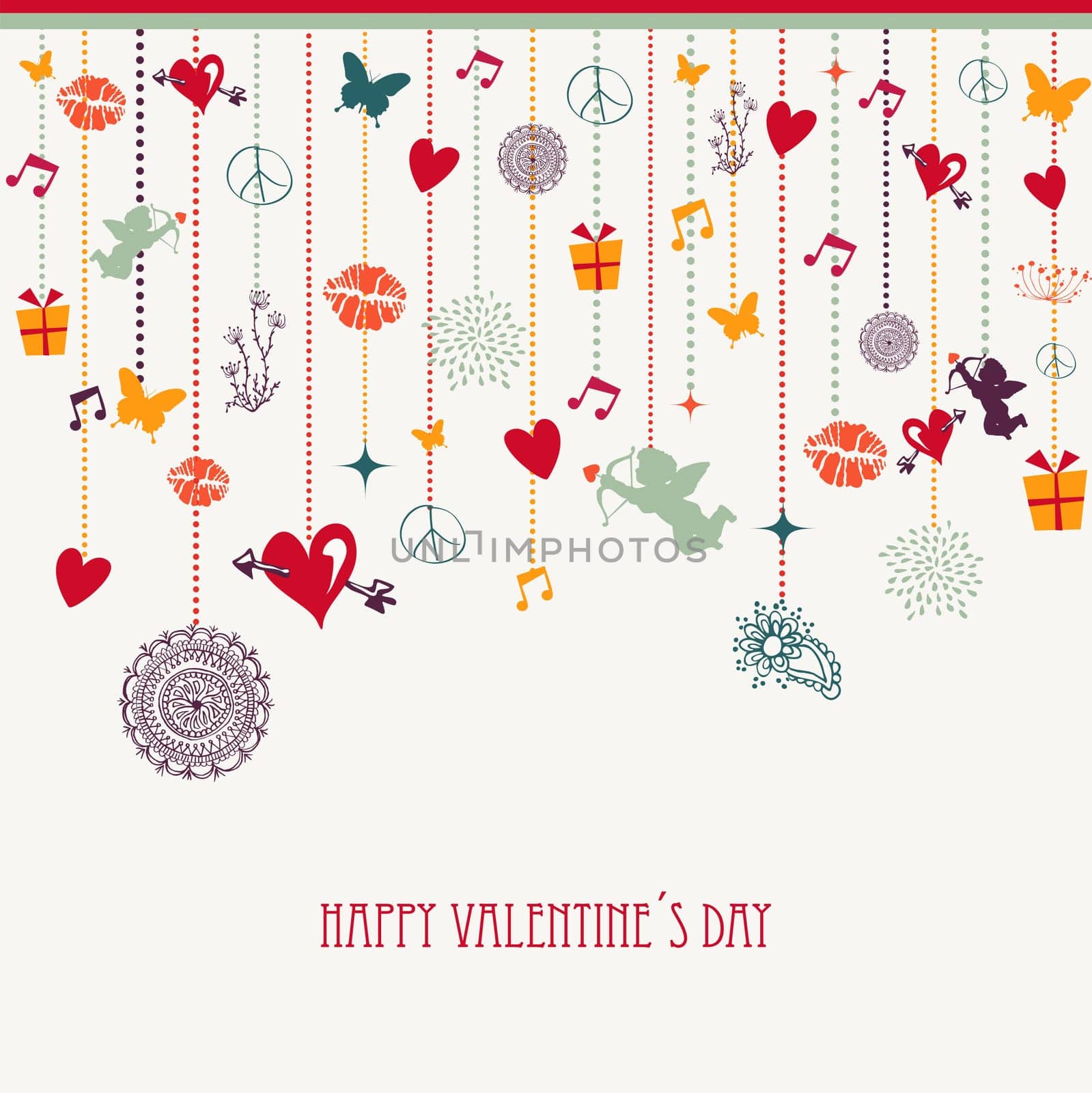 Happy Valentines holidays colorful hanging decoration elements baubles composition. EPS10 vector file organized in layers for easy editing.