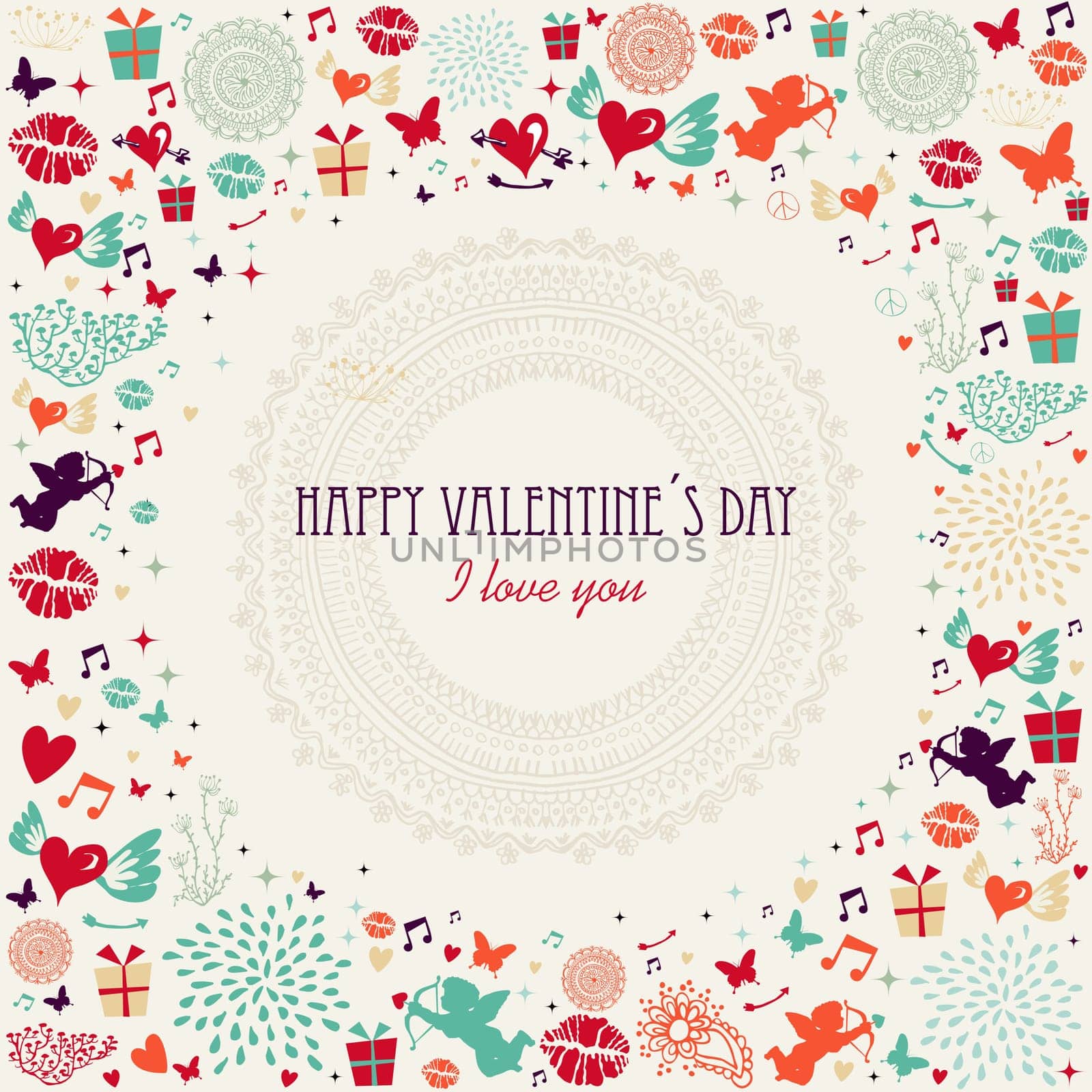 Retro Valentines day postcard colorful elements background. EPS10 vector file organized in layers for easy editing.