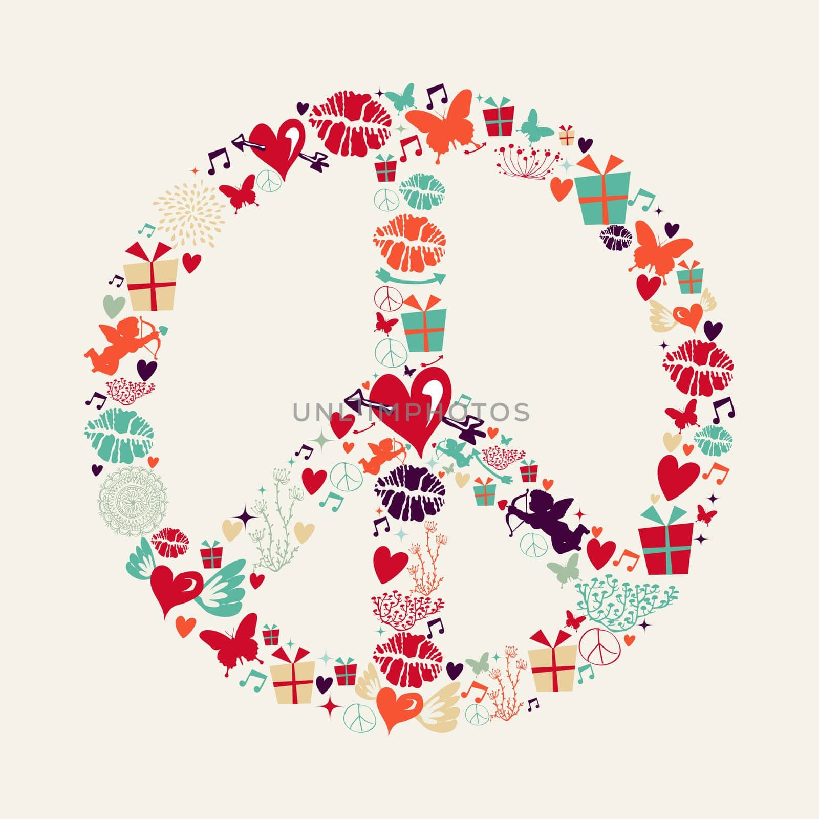 Retro Valentines day elements, peace and love shape illustration greeting card. EPS10 vector file organized in layers for easy editing.