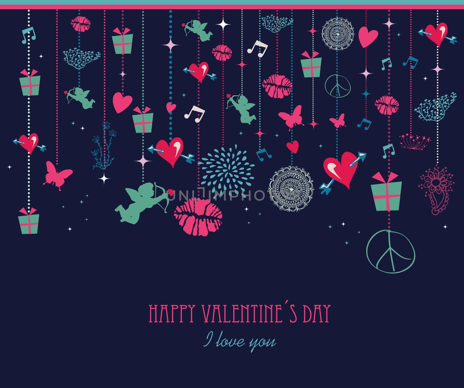 Vintage Valentines day colorful hanging decoration elements baubles composition. EPS10 vector file organized in layers for easy editing.