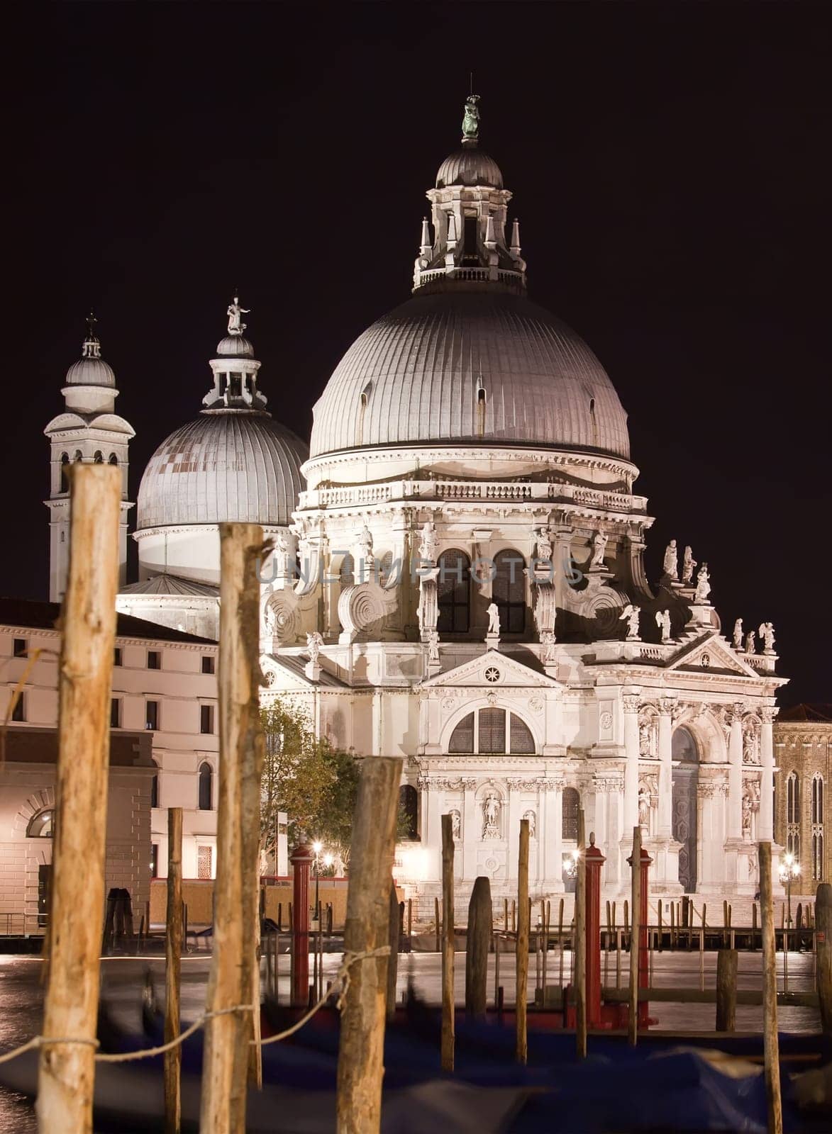 Famous Cathedral of Santa Maria della Salute at night, Venice, Italy