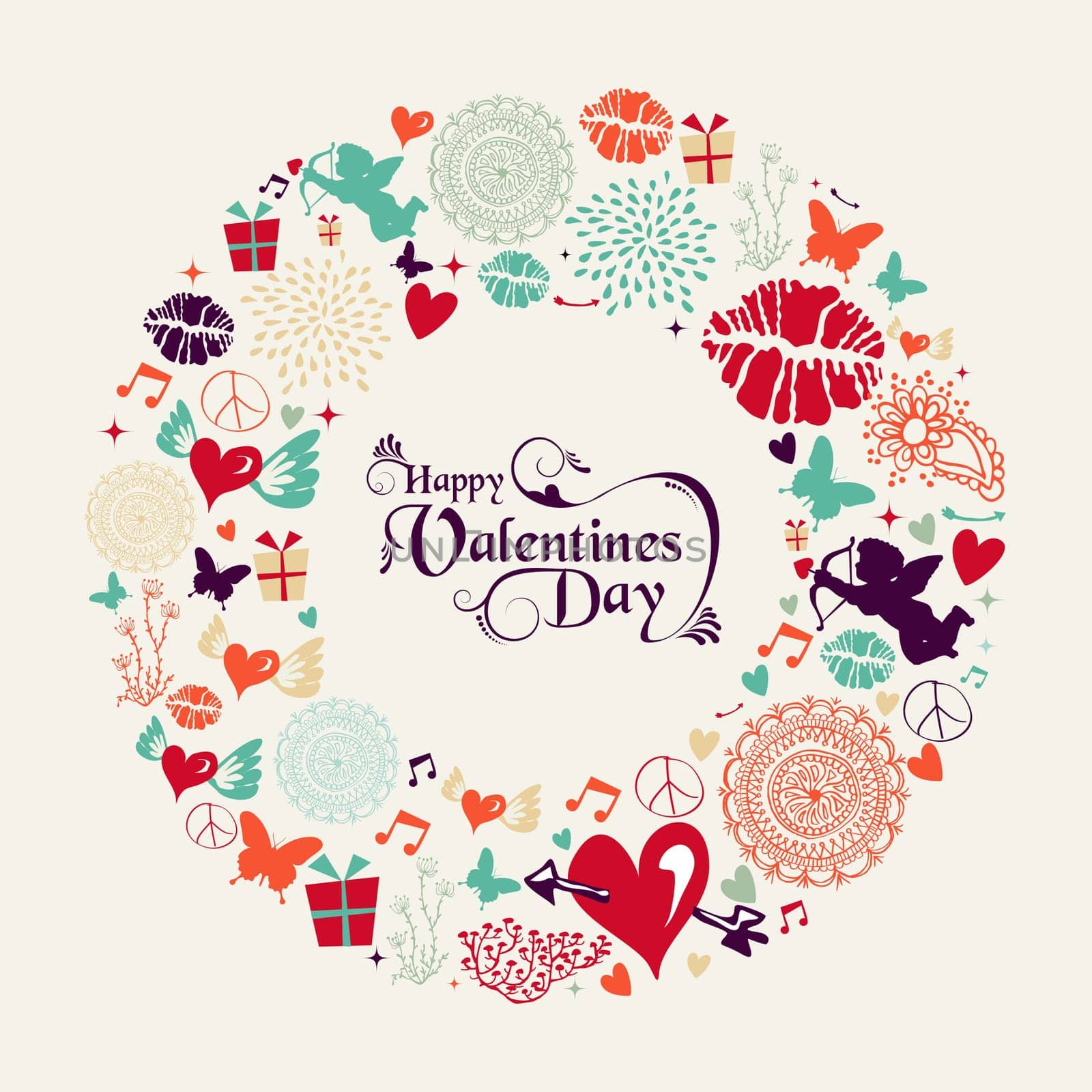 Colorful Valentines day elements postcard circle shape illustration. EPS10 vector file organized in layers for easy editing.