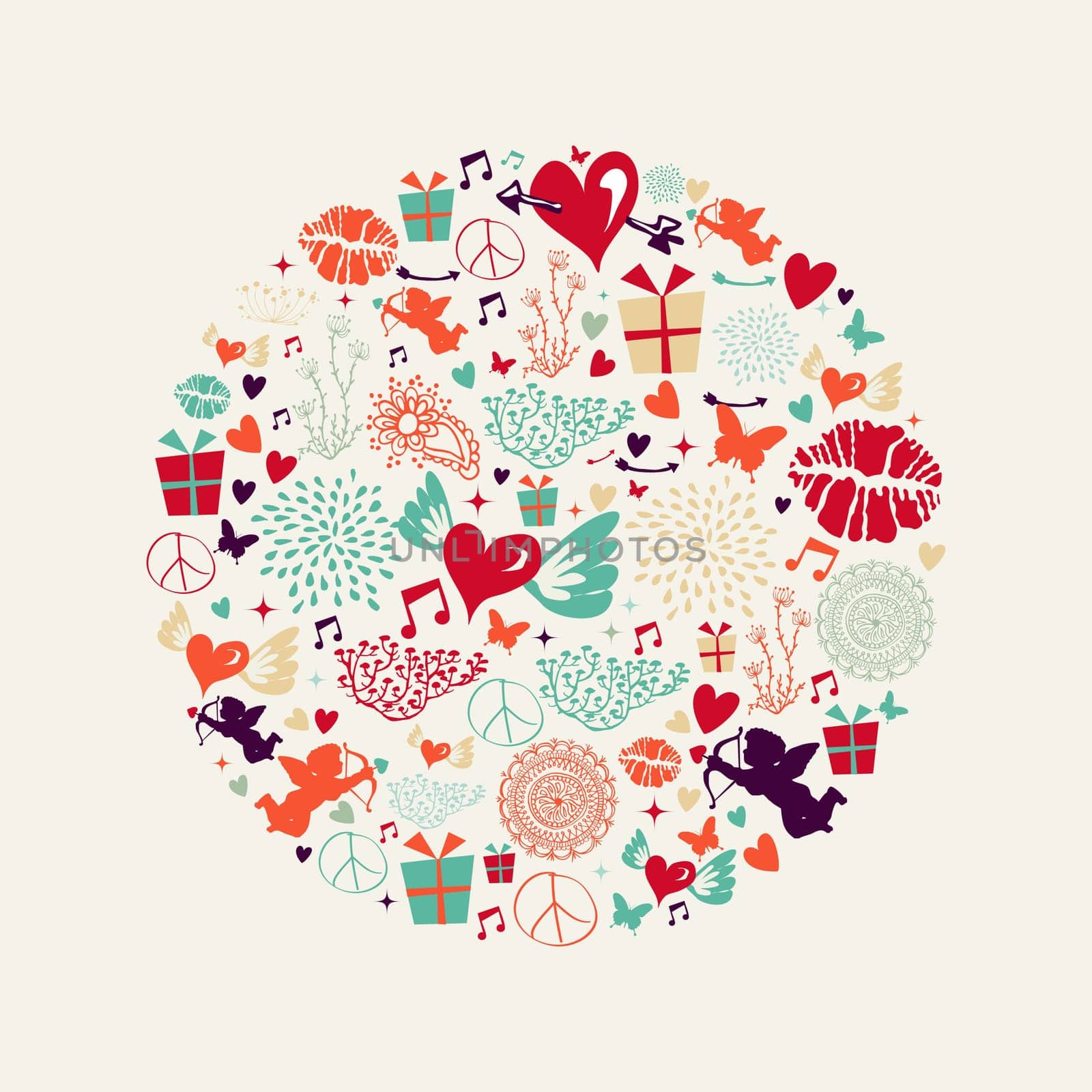 Colorful Valentines day greeting card circle shape illustration. EPS10 vector file organized in layers for easy editing.