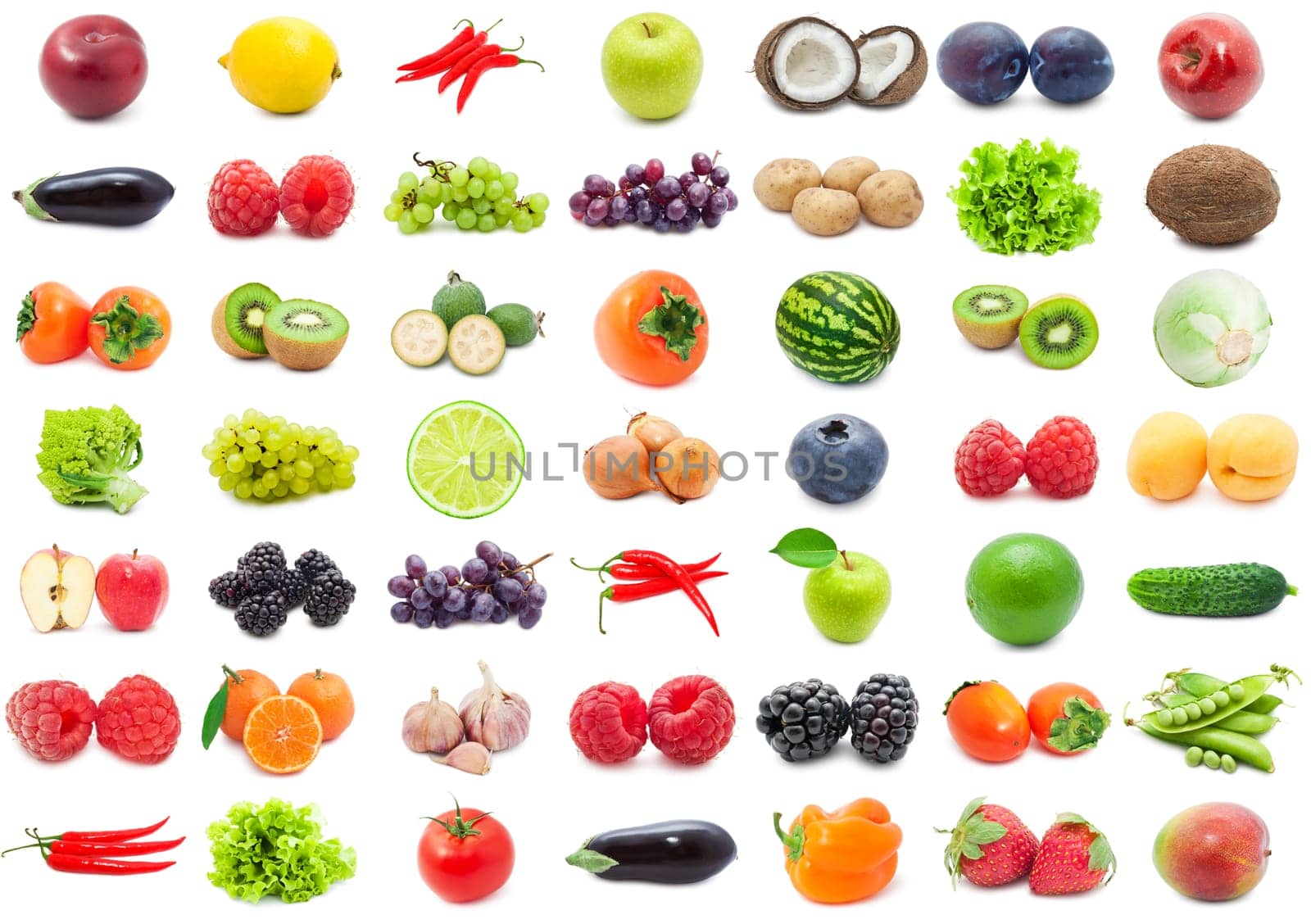 Set of various fruits and vegetables isolated on white background
