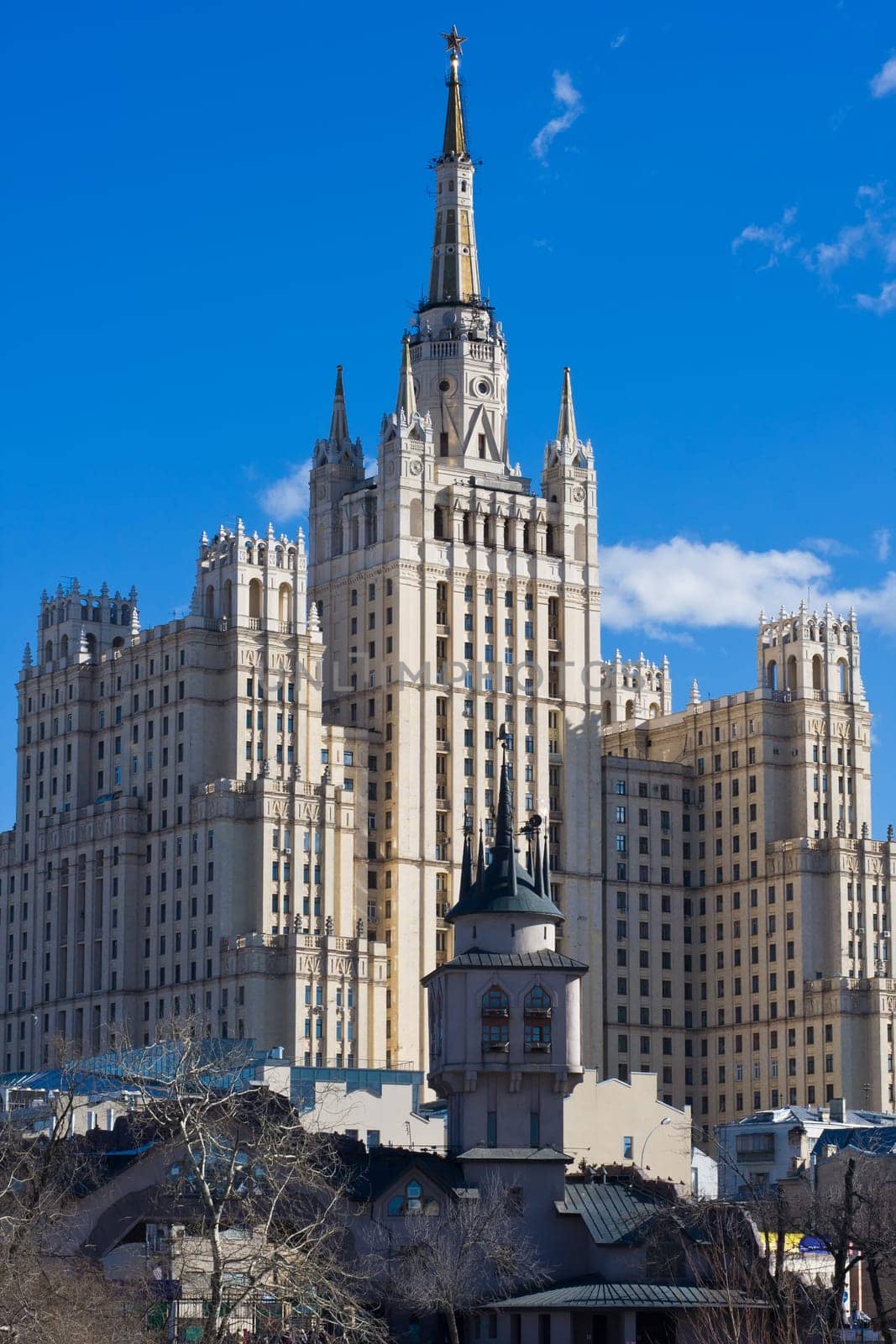 Beautiful view of old soviet skyscrape in Moscow, Russia