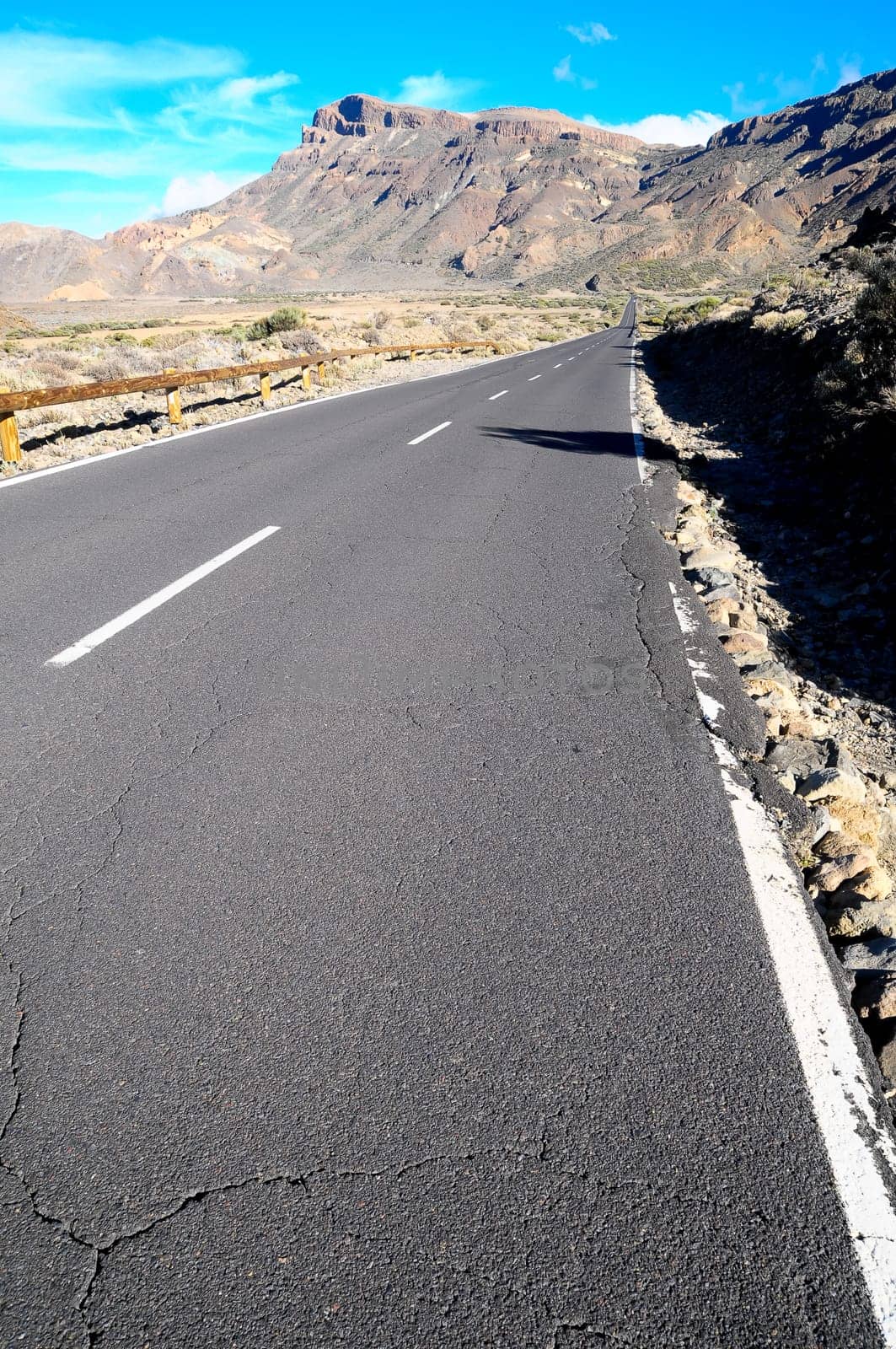 Desert Lonely Road Landscape in Volcan Teide National Park, Tenerife, Canary Island, Spain