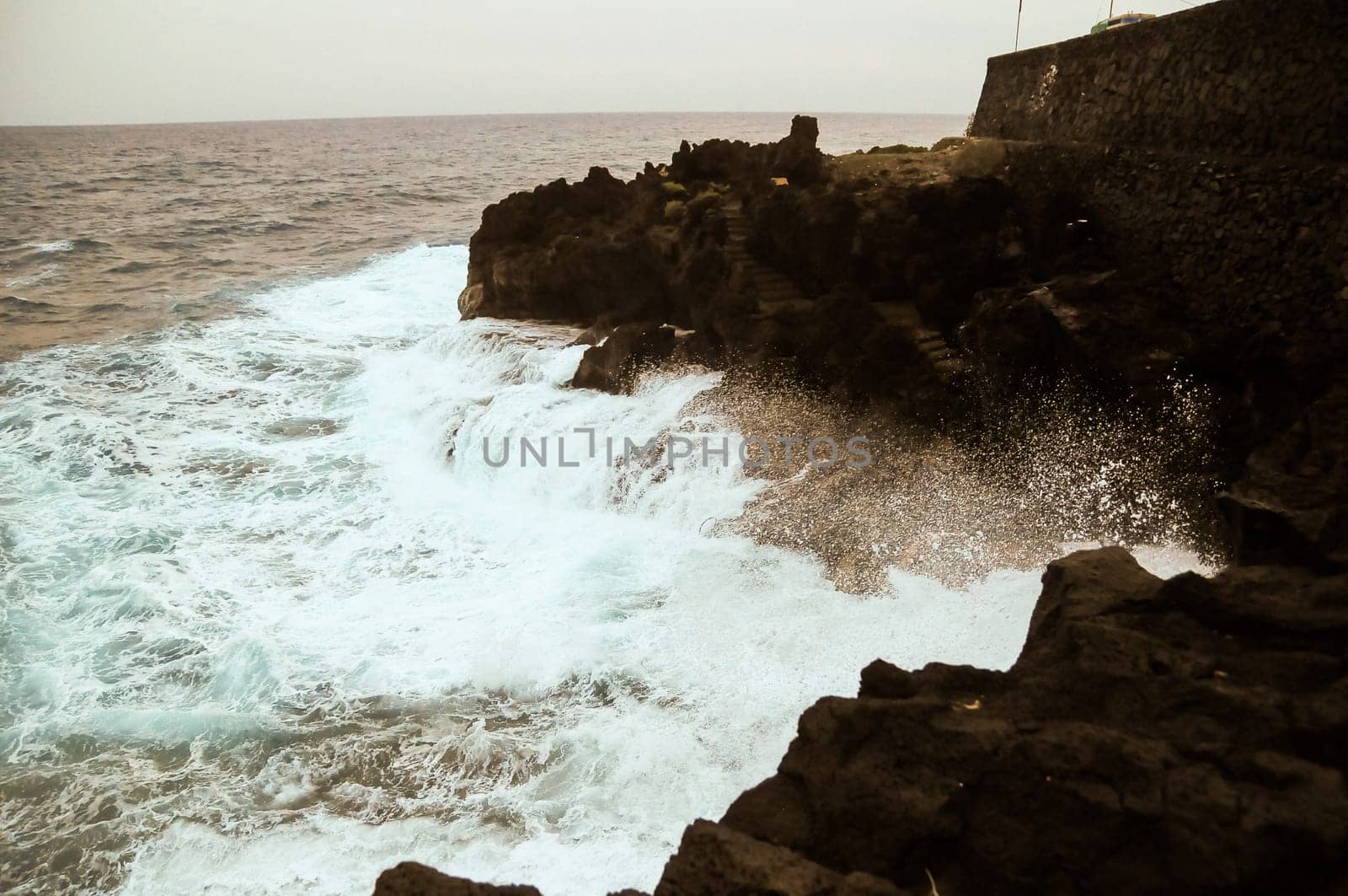 Strong Waves Crashing on the Volcanic Coast in Tenerife Canary Islands