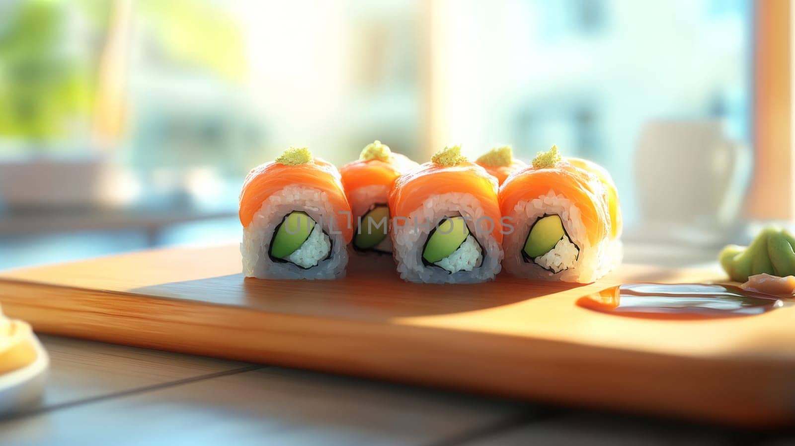 Fresh sushi rolls with ginger falling on a wooden plate, Generative AI, food