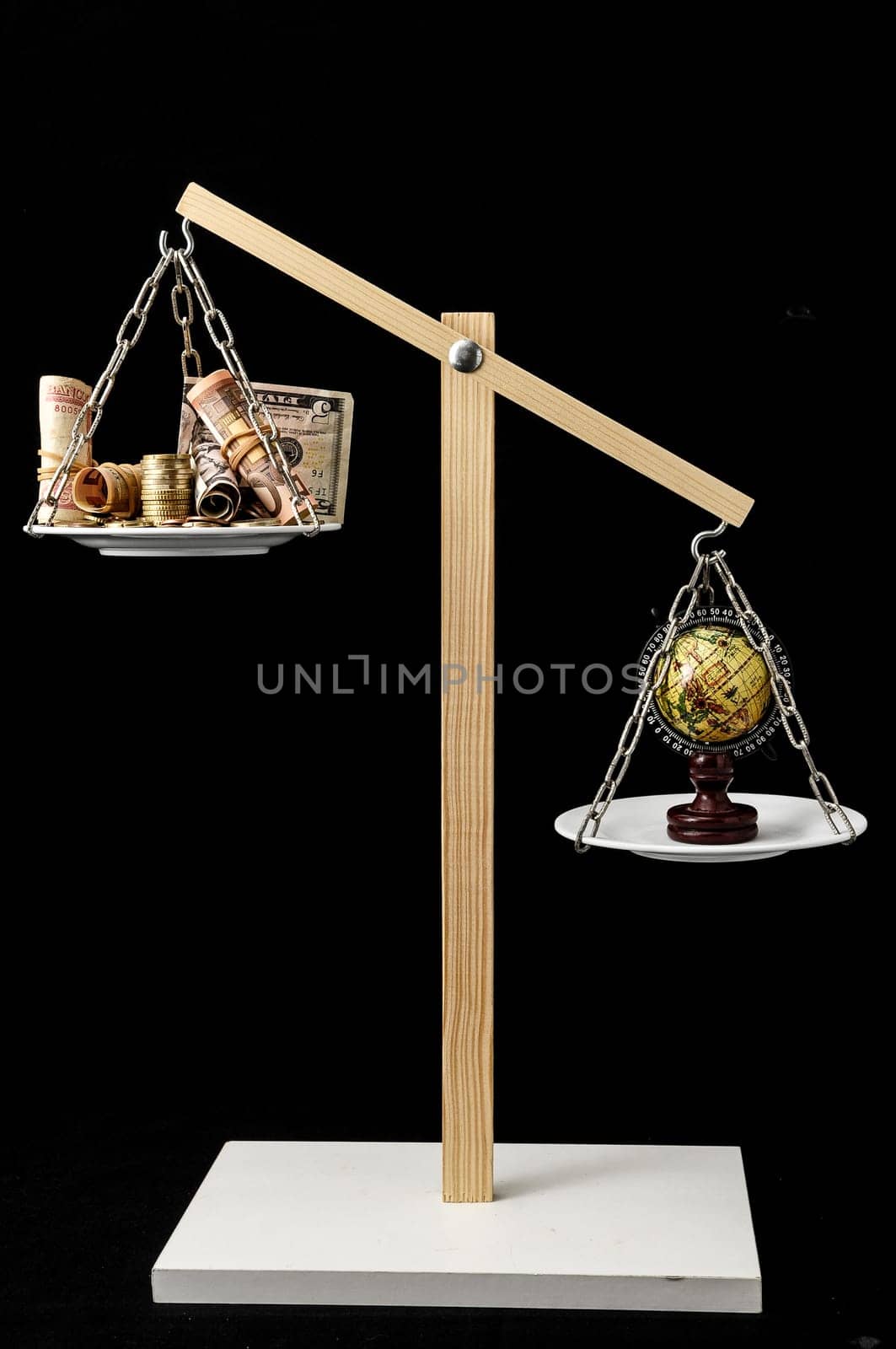 Globe Planet Earth and Money on a Two Pan Balance