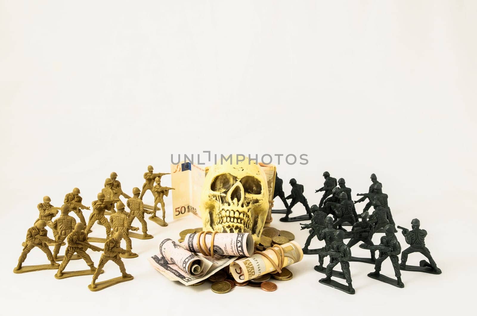 Plastic Lead Soldiers Representing War on a White Background