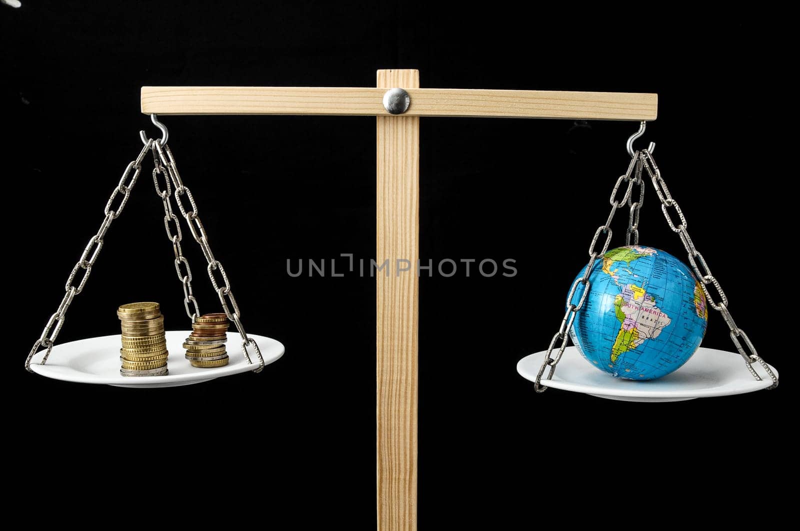 Globe Planet Earth and Money on a Two Pan Balance