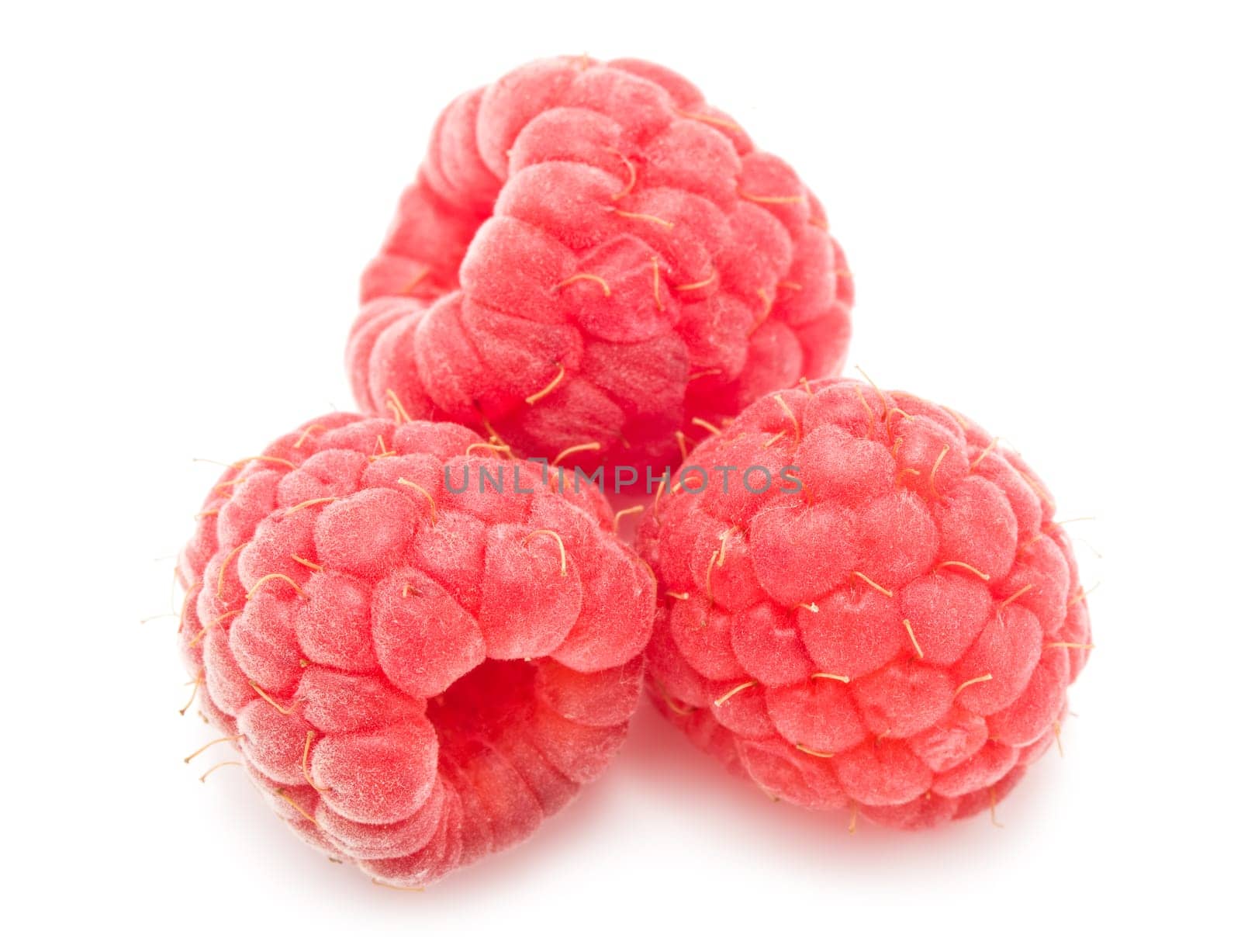 Ripe red raspberries isolated on white background