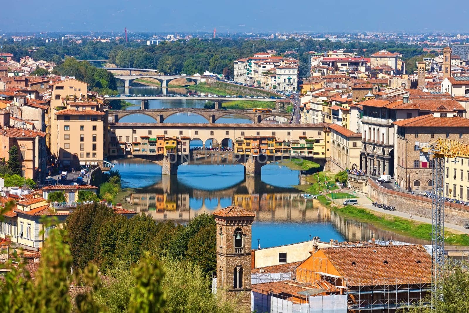 Panorama of bridges and city in Florence, Italy