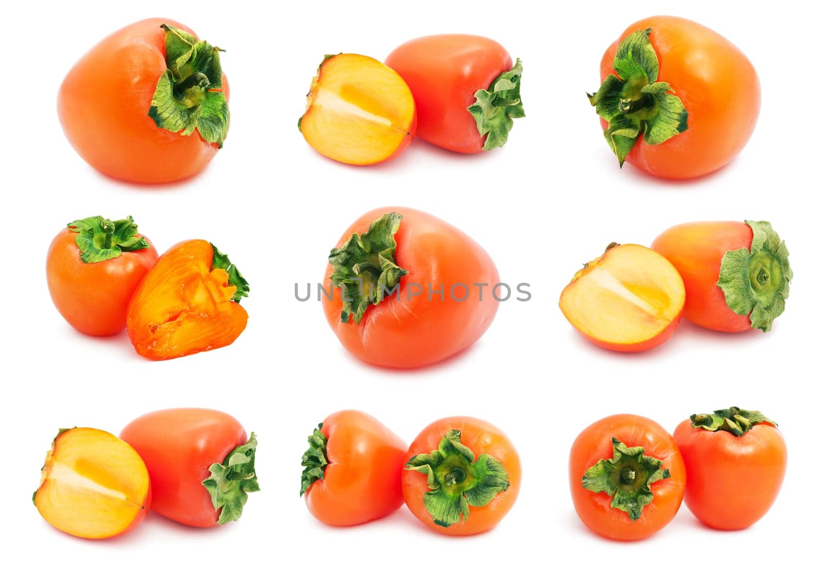 Collection of  fresh Persimmon or kaki diospyros ebony fruits on white background