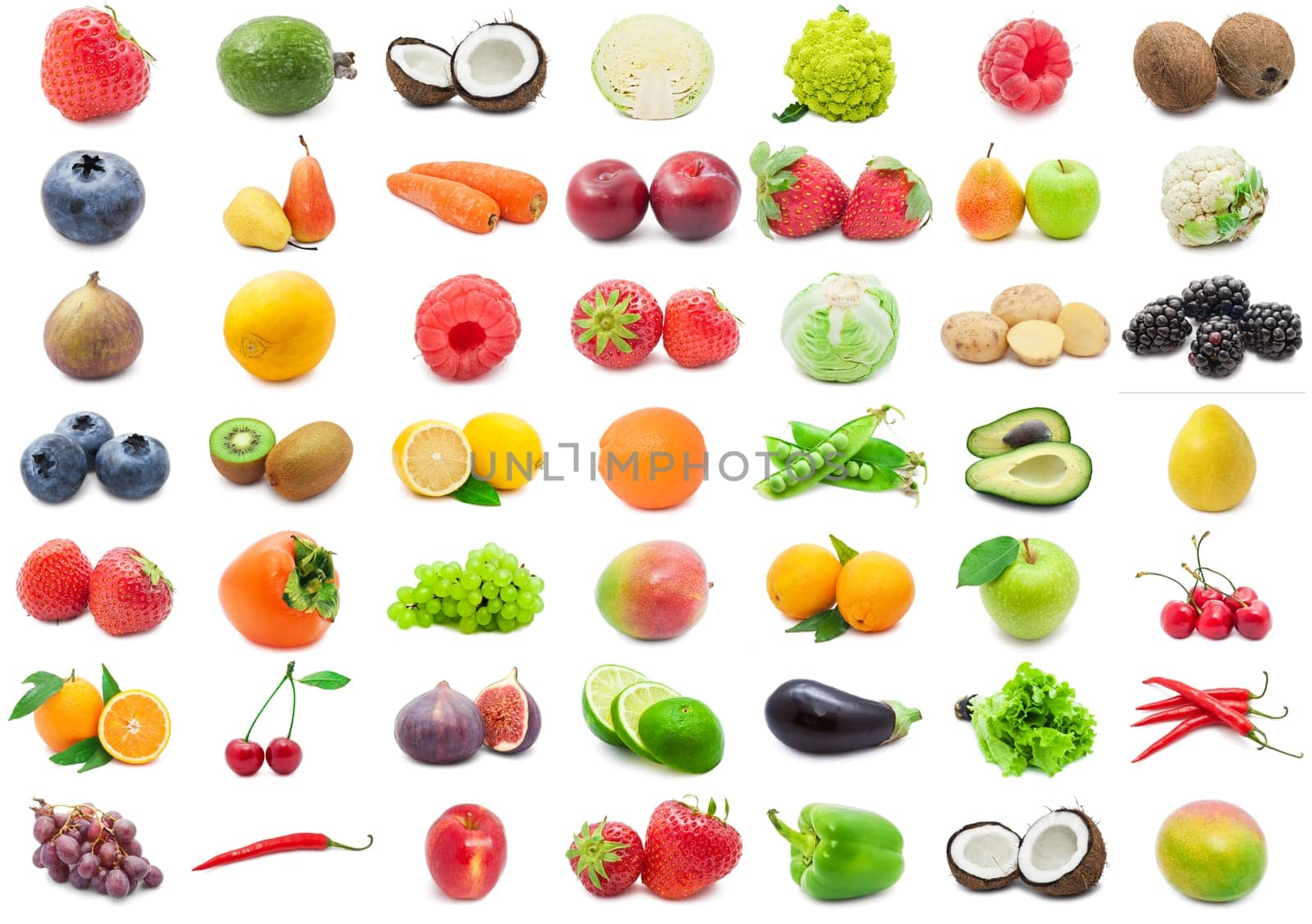 Collection of various fruits and vegetables isolated on white background