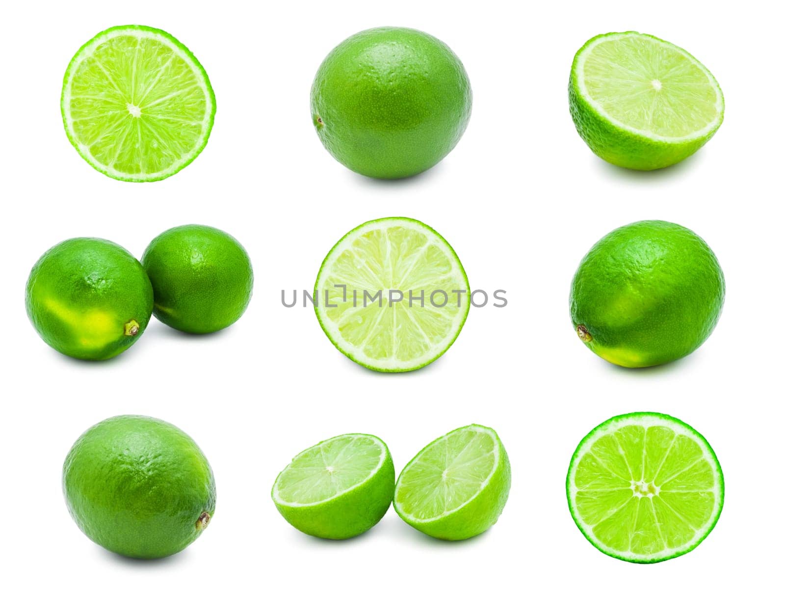 Collection of fresh green limes isolated on white background