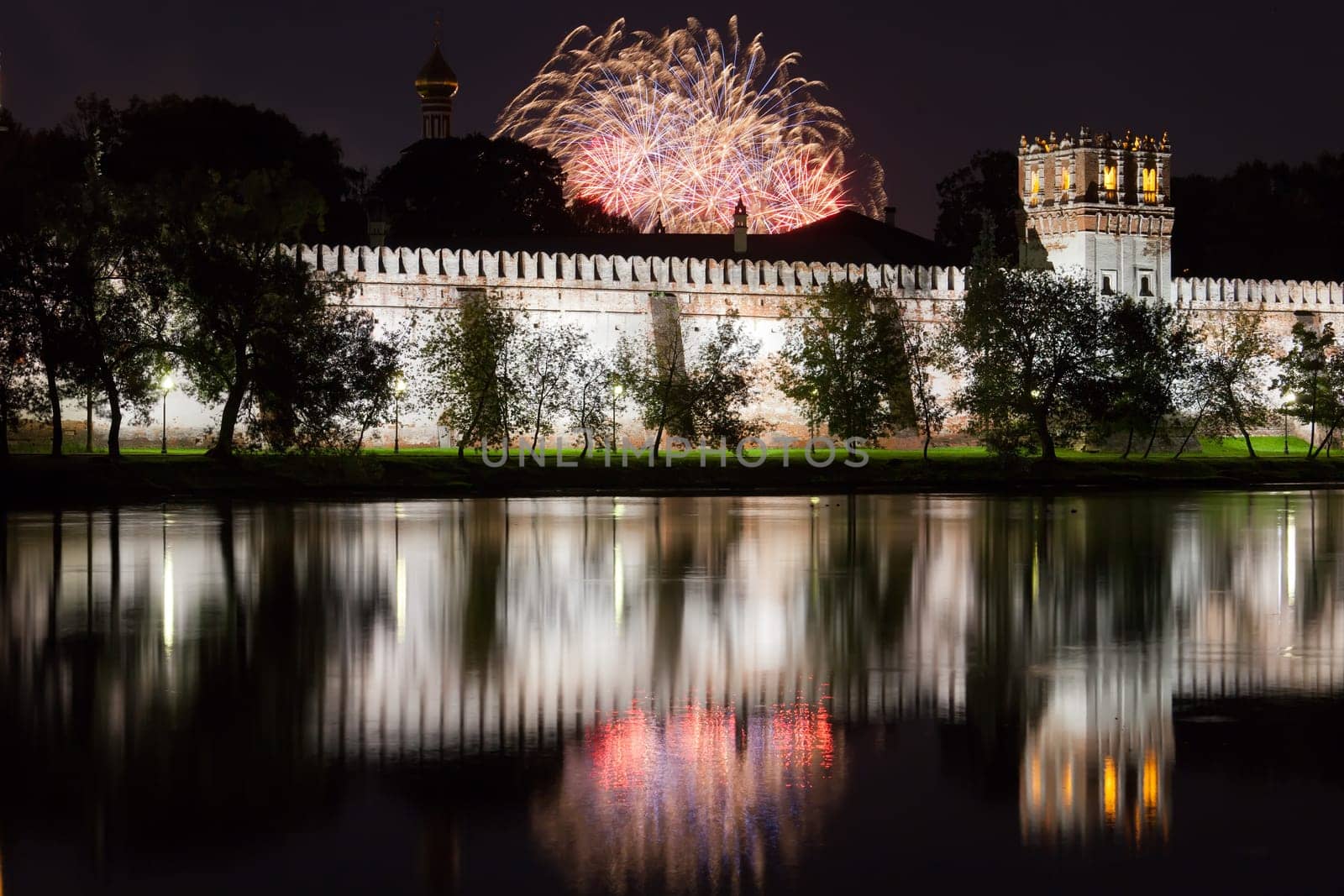Beautiful view of Novodevichy Convent at night, Moscow, Russia