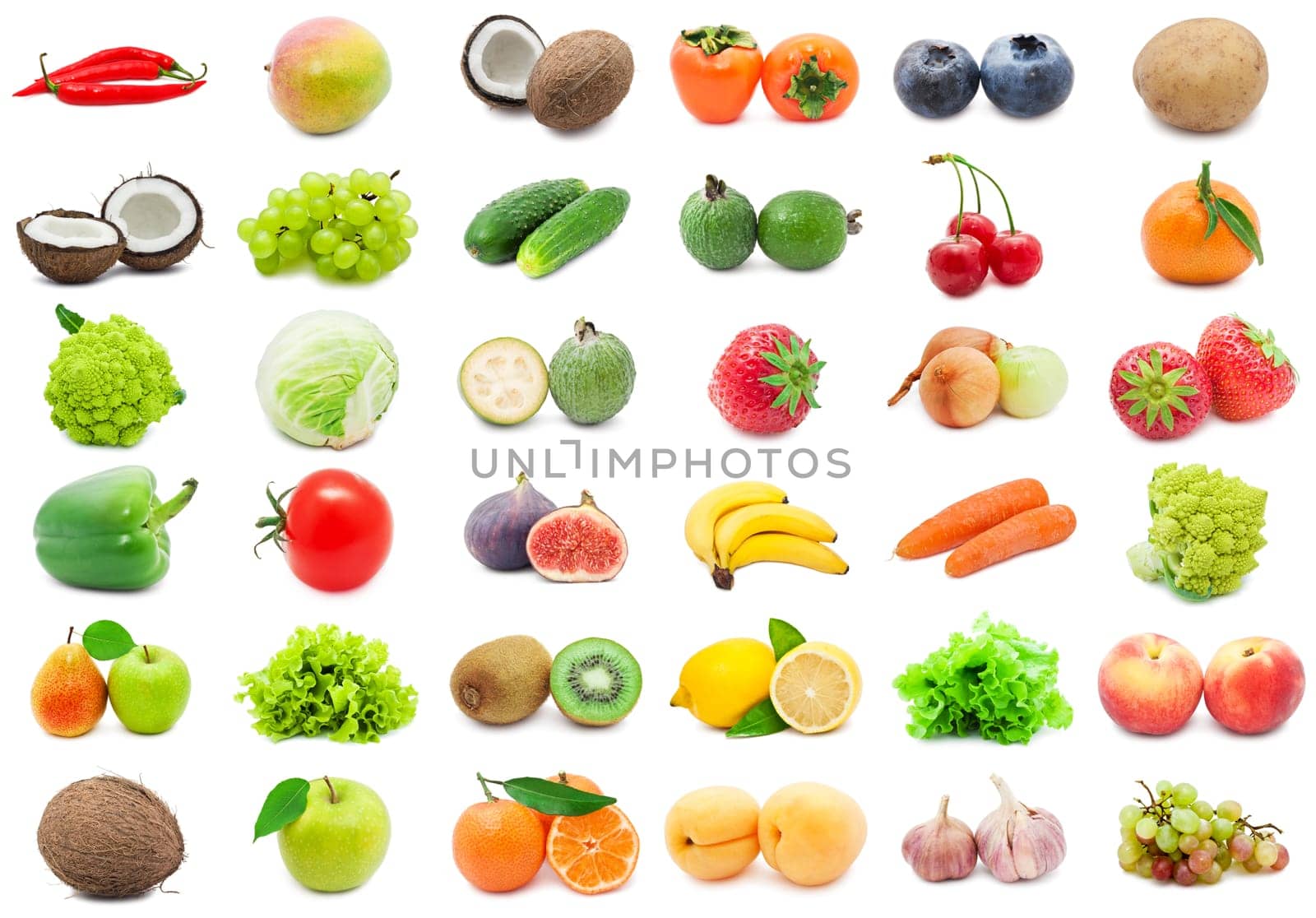 Collection of various fruits and vegetables isolated on white background