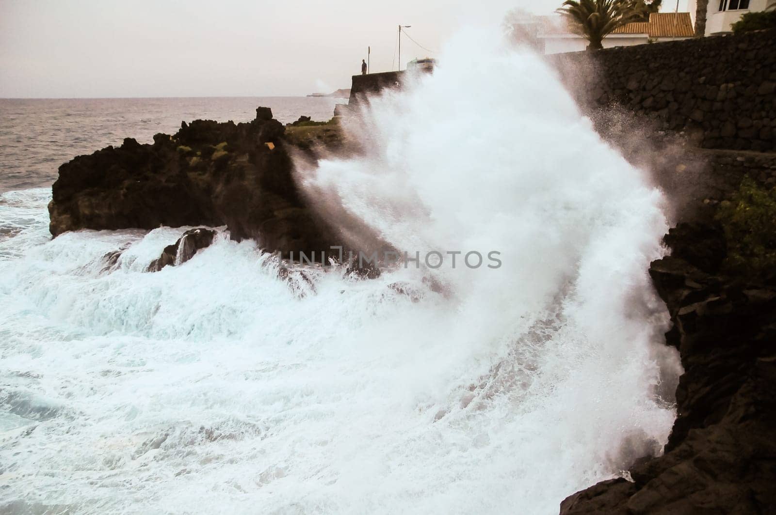 Strong Waves Crashing on the Volcanic Coast in Tenerife Canary Islands