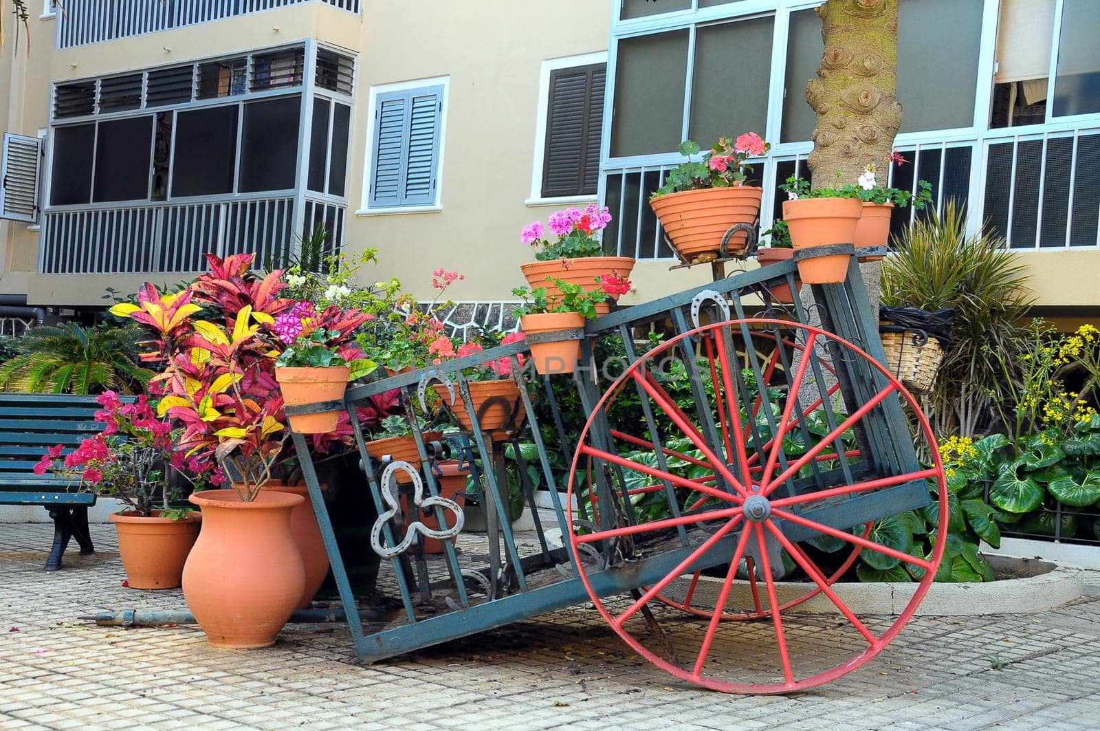 Wagon and Vases with Plants on a Garden